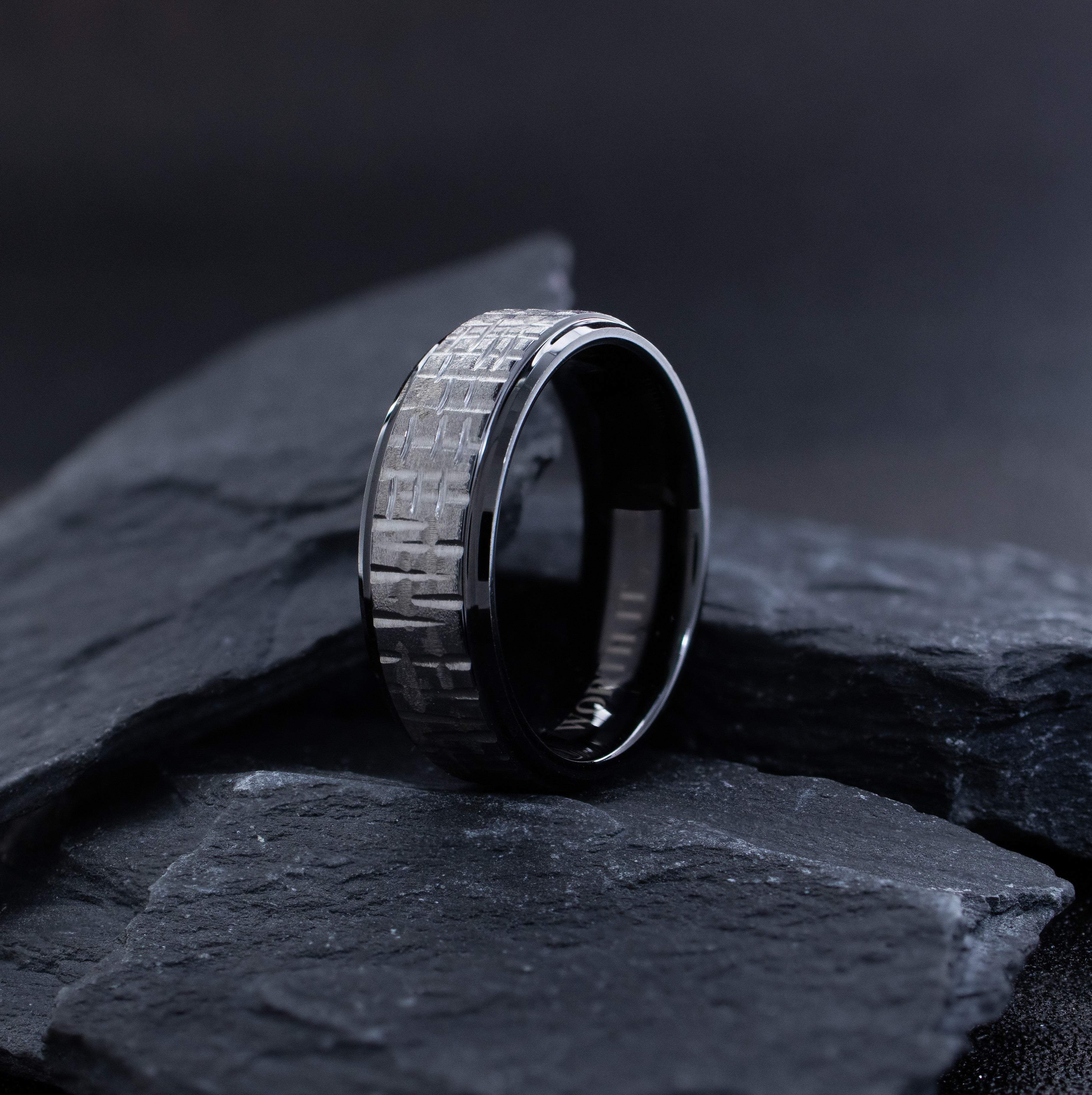 8mm Silver and Black Tungsten Carbide Ring with Geometric Cut Pattern