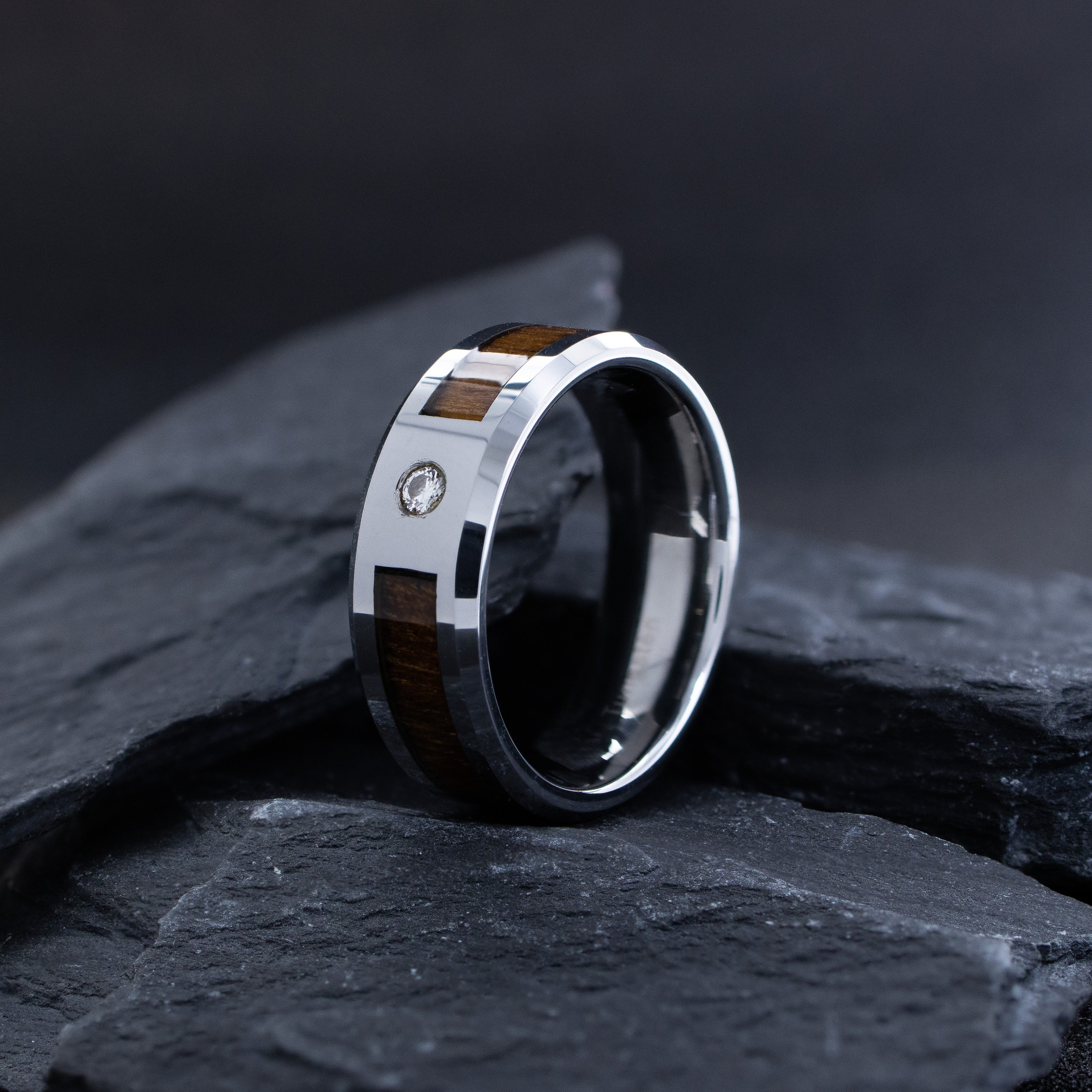 8mm Tungsten Carbide Ring with Koa Wood and Gemstone