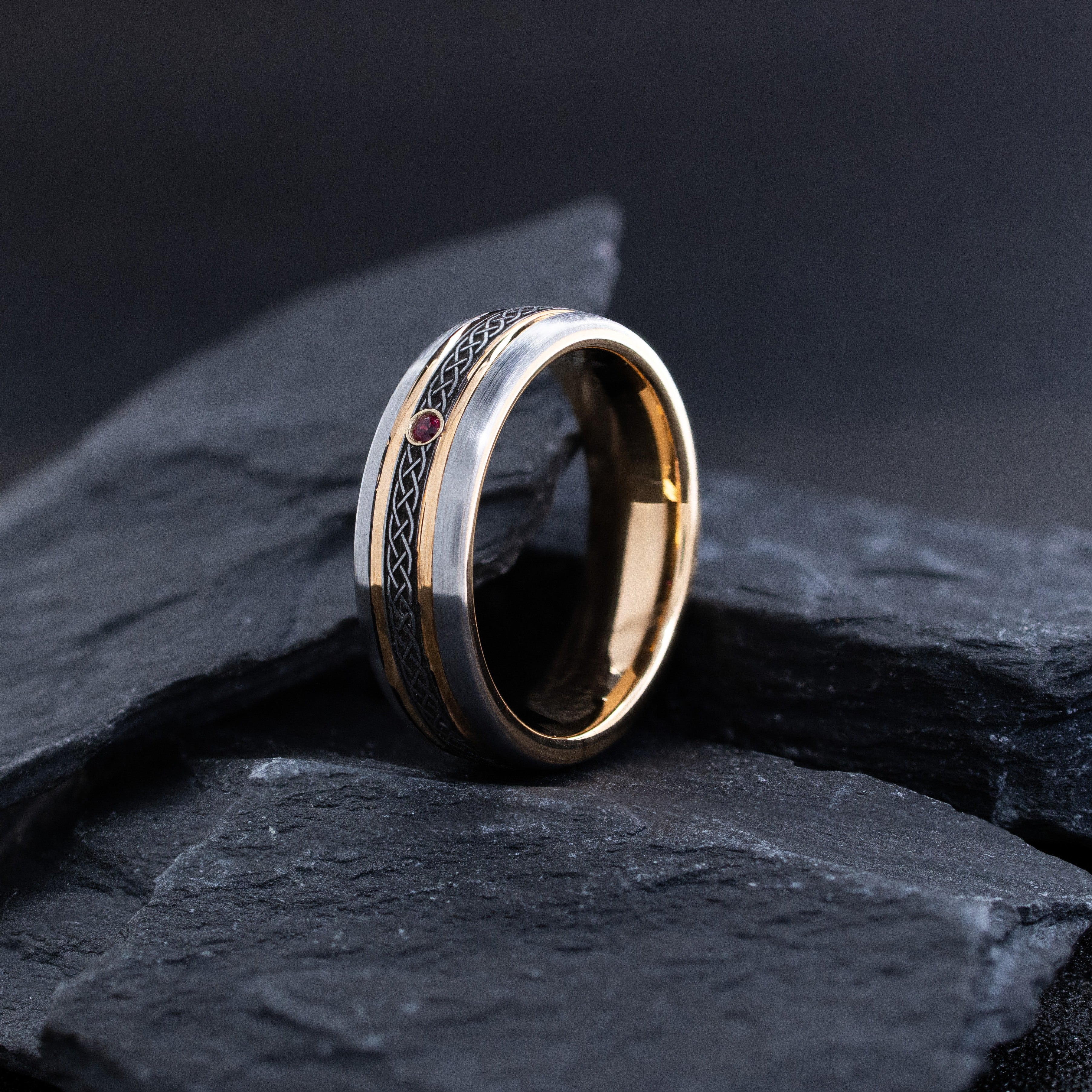7mm Rose Gold Tungsten Carbide Ring with Celtic Knot Engravings & Gemstone
