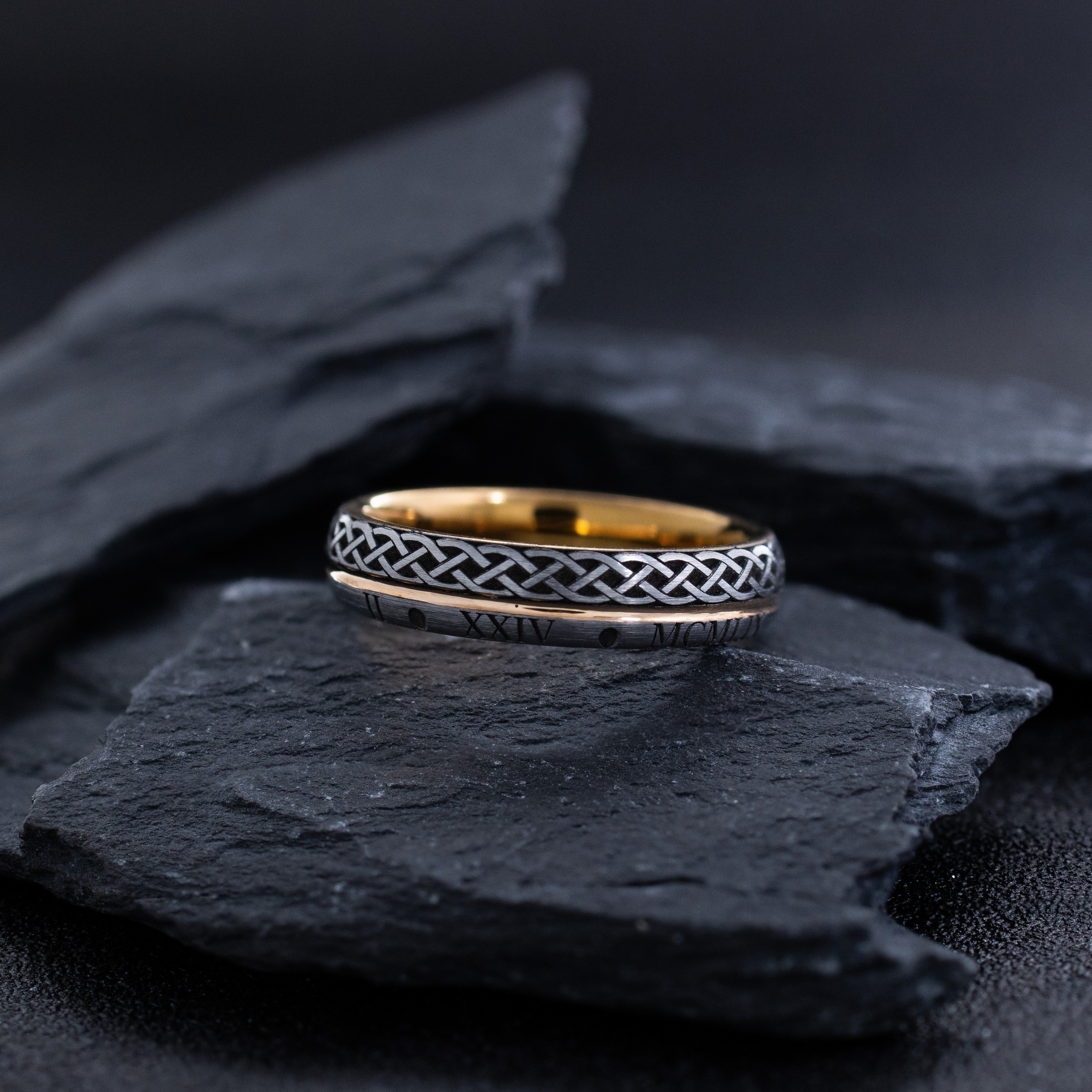5mm Rose Gold Plated and Black Tungsten Carbide with Celtic Knot and Roman Numeral Date
