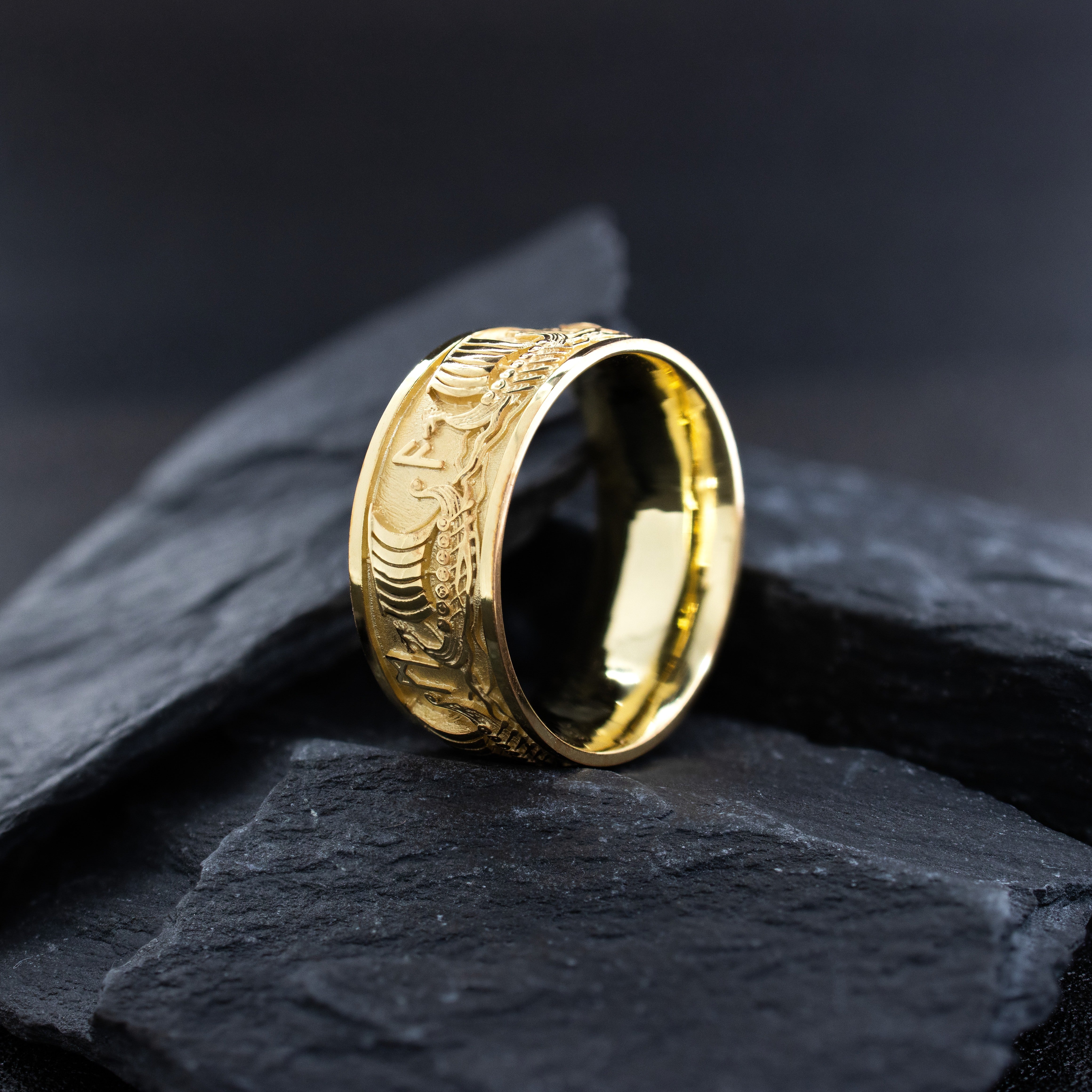10mm, Dome Shaped, 14k and 18k Solid Yellow Gold Ring with Norse Runes and Viking Warships