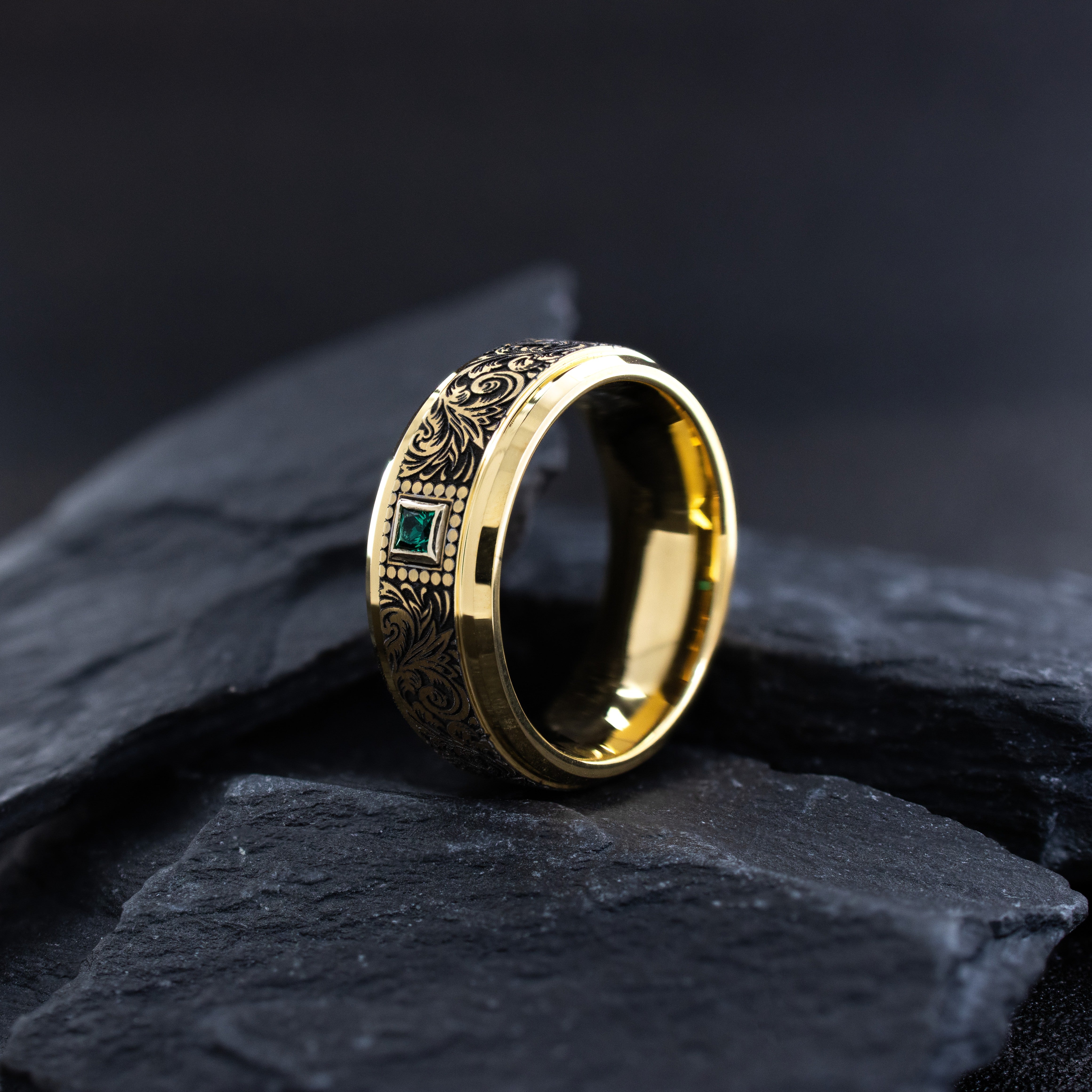 Yellow Gold Plated 8mm Tungsten Carbide Ring With Princess Cut Gemstone and Victorian Style Floral Deep Engravings