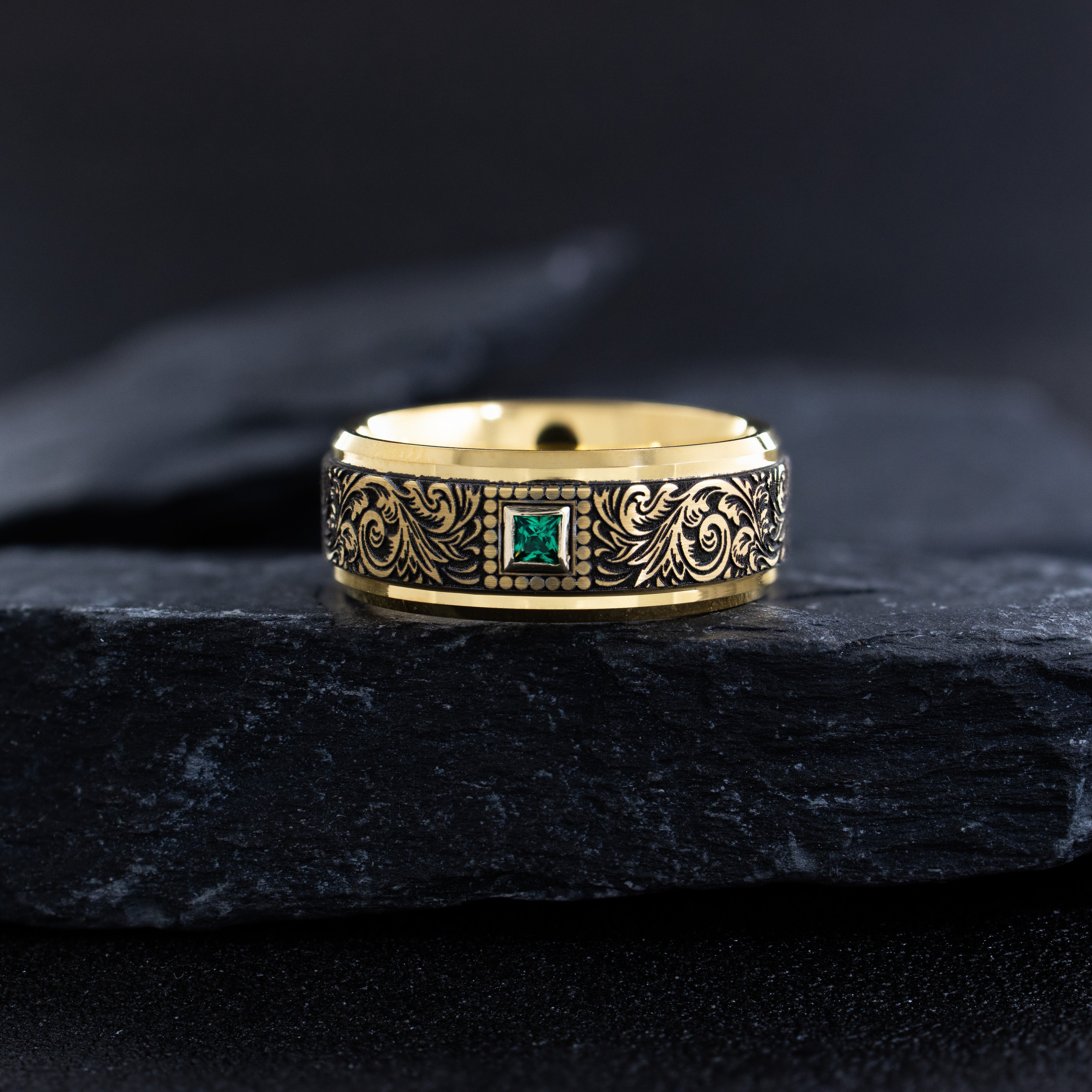 Yellow Gold Plated 8mm Tungsten Carbide Ring With Princess Cut Gemstone and Victorian Style Floral Deep Engravings