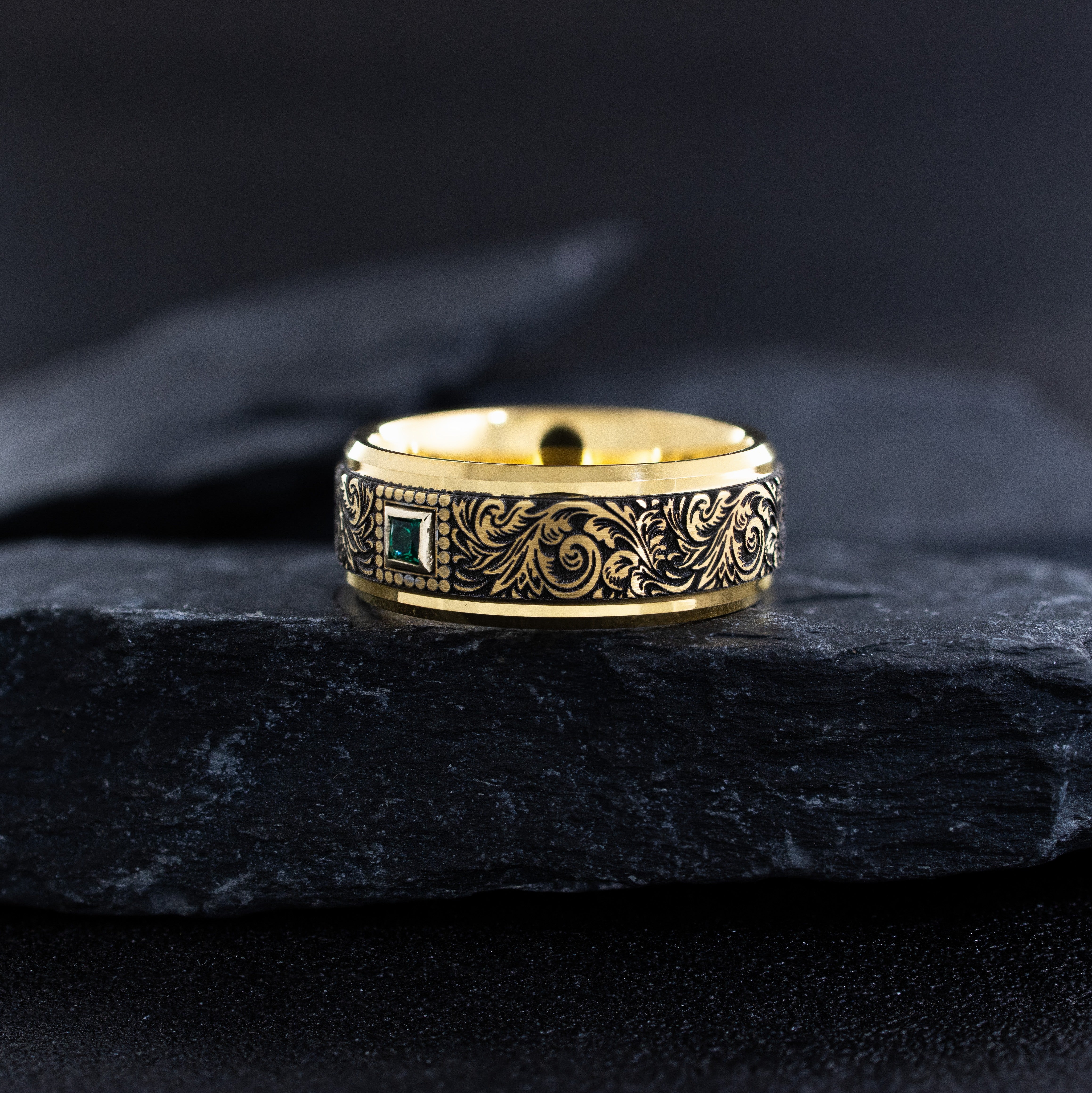 Yellow Gold Plated 8mm Tungsten Carbide Ring With Princess Cut Gemstone and Victorian Style Floral Deep Engravings