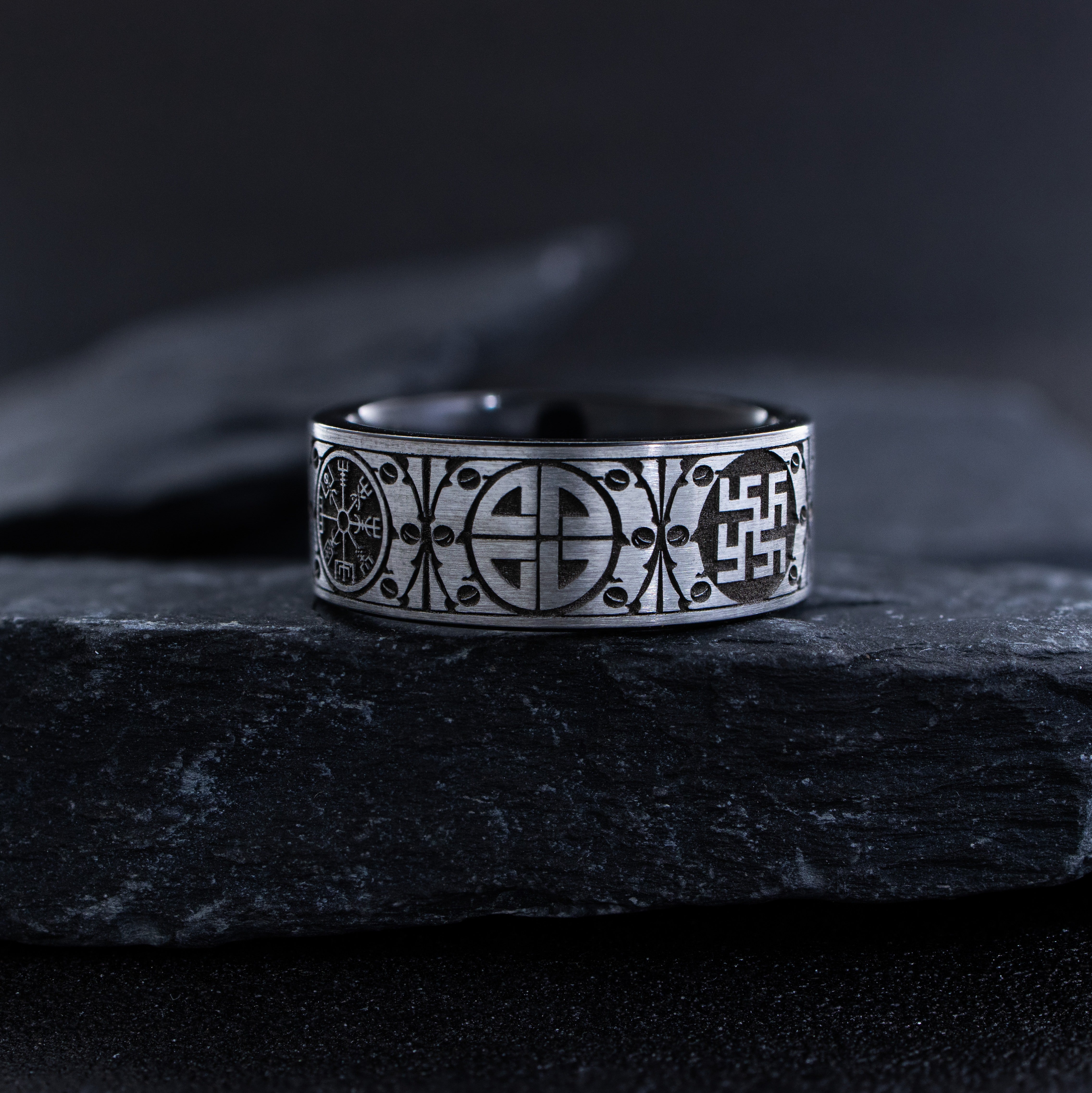 9mm Black and Silver Tungsten Carbide Ring with Engraved Norse Viking Symbols
