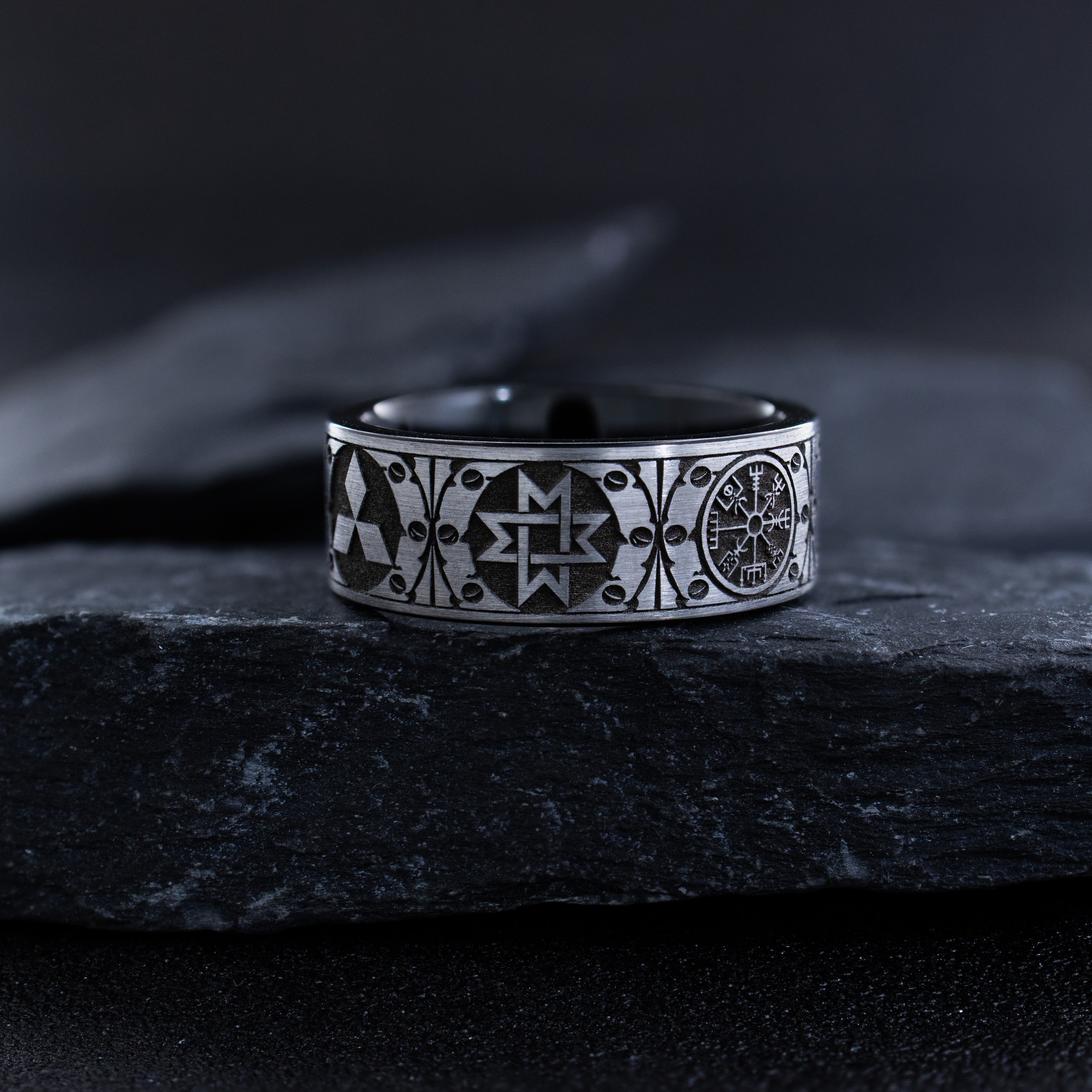 9mm Black and Silver Tungsten Carbide Ring with Engraved Norse Viking Symbols
