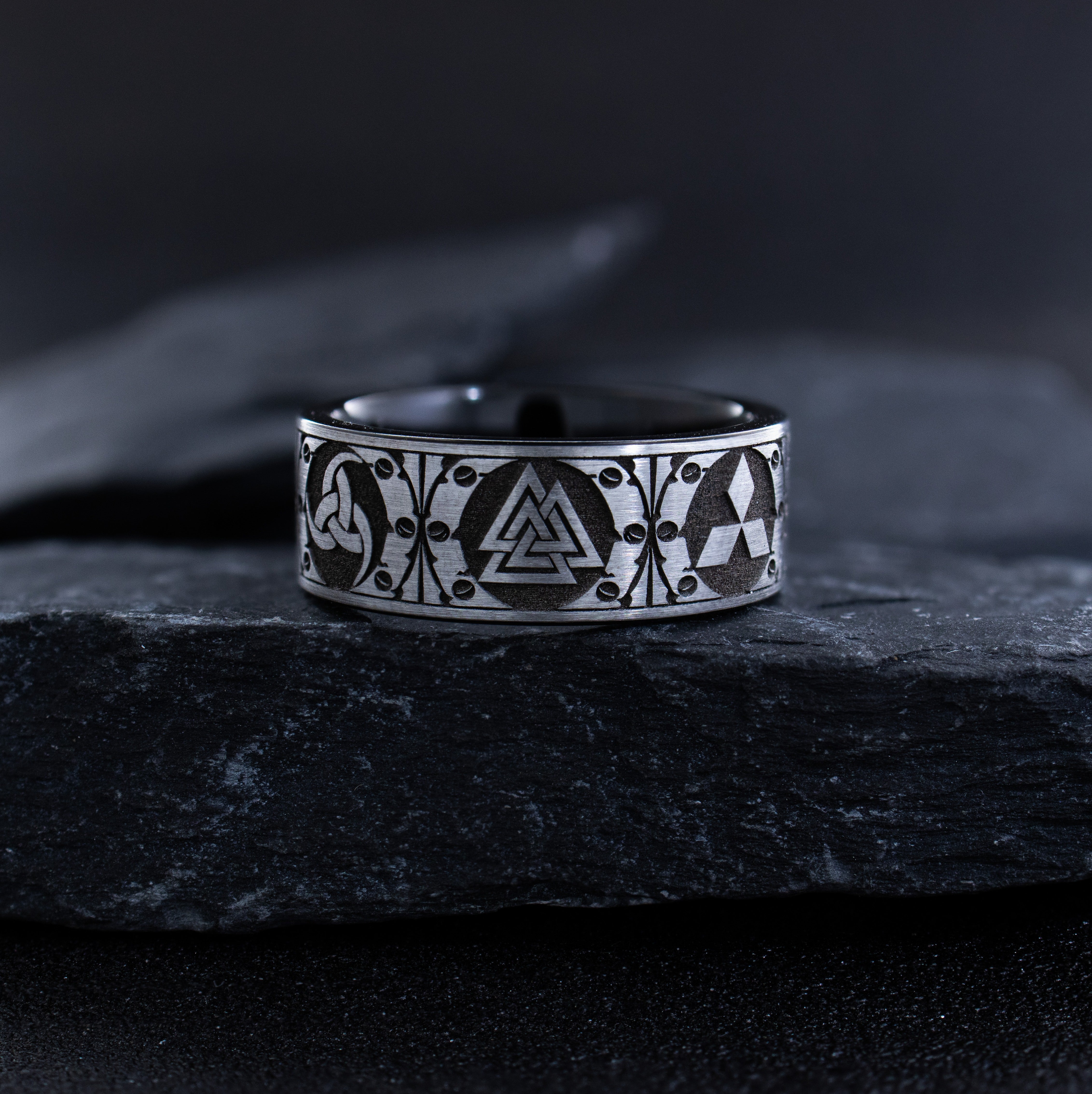 9mm Black and Silver Tungsten Carbide Ring with Engraved Norse Viking Symbols