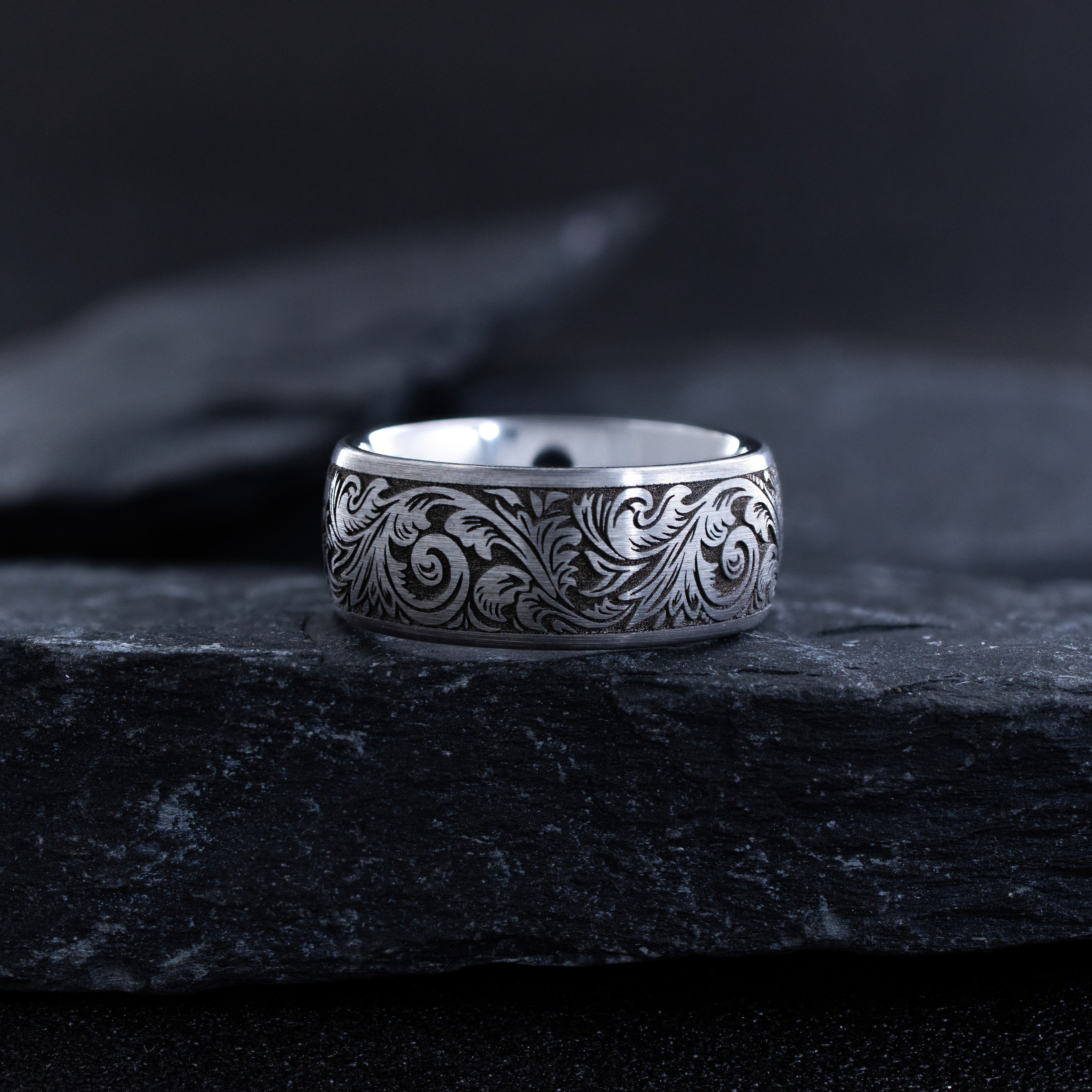 8mm Deep Engraved Tungsten Ring with Fleur de Lis and Victorian Engravings