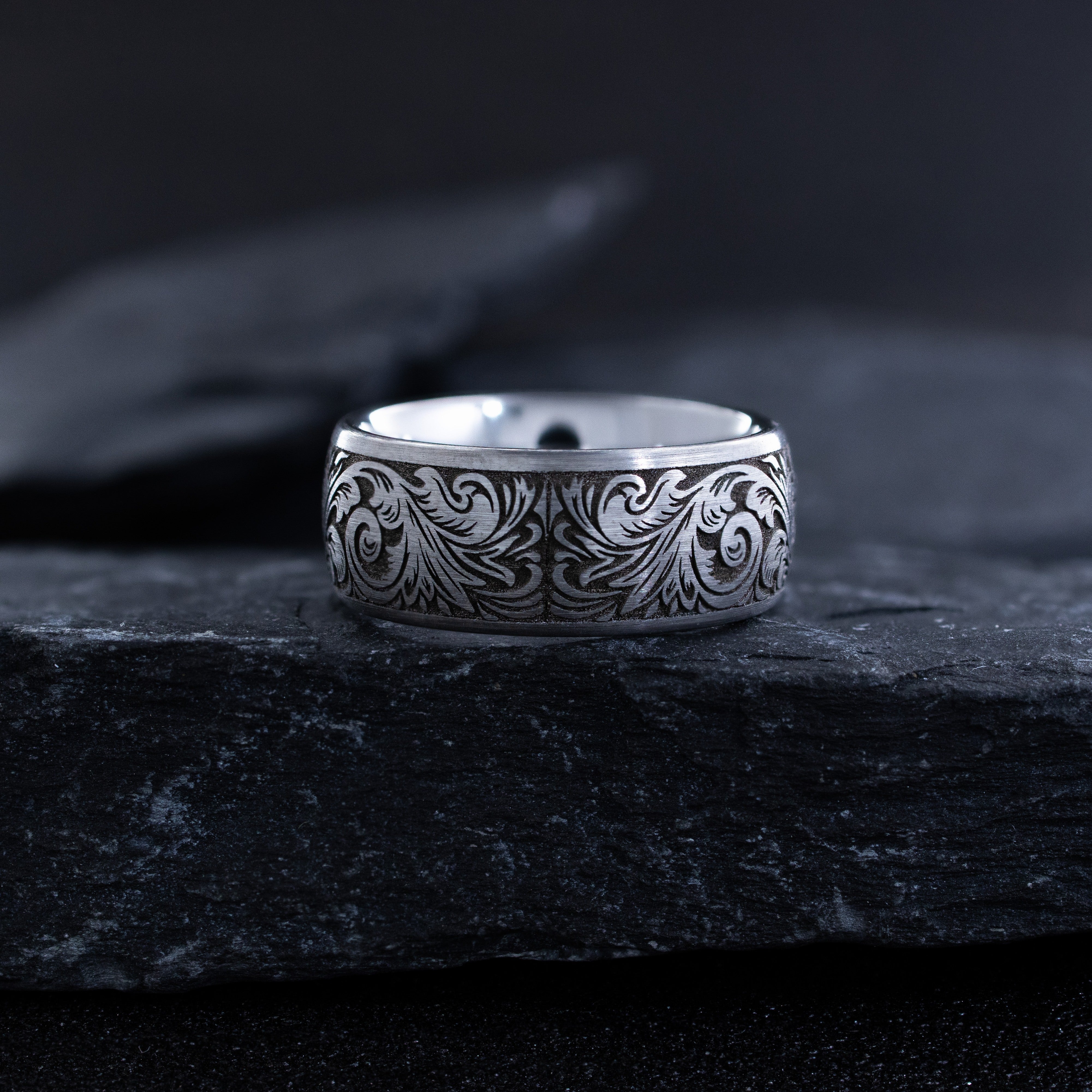 8mm Deep Engraved Tungsten Ring with Fleur de Lis and Victorian Engravings