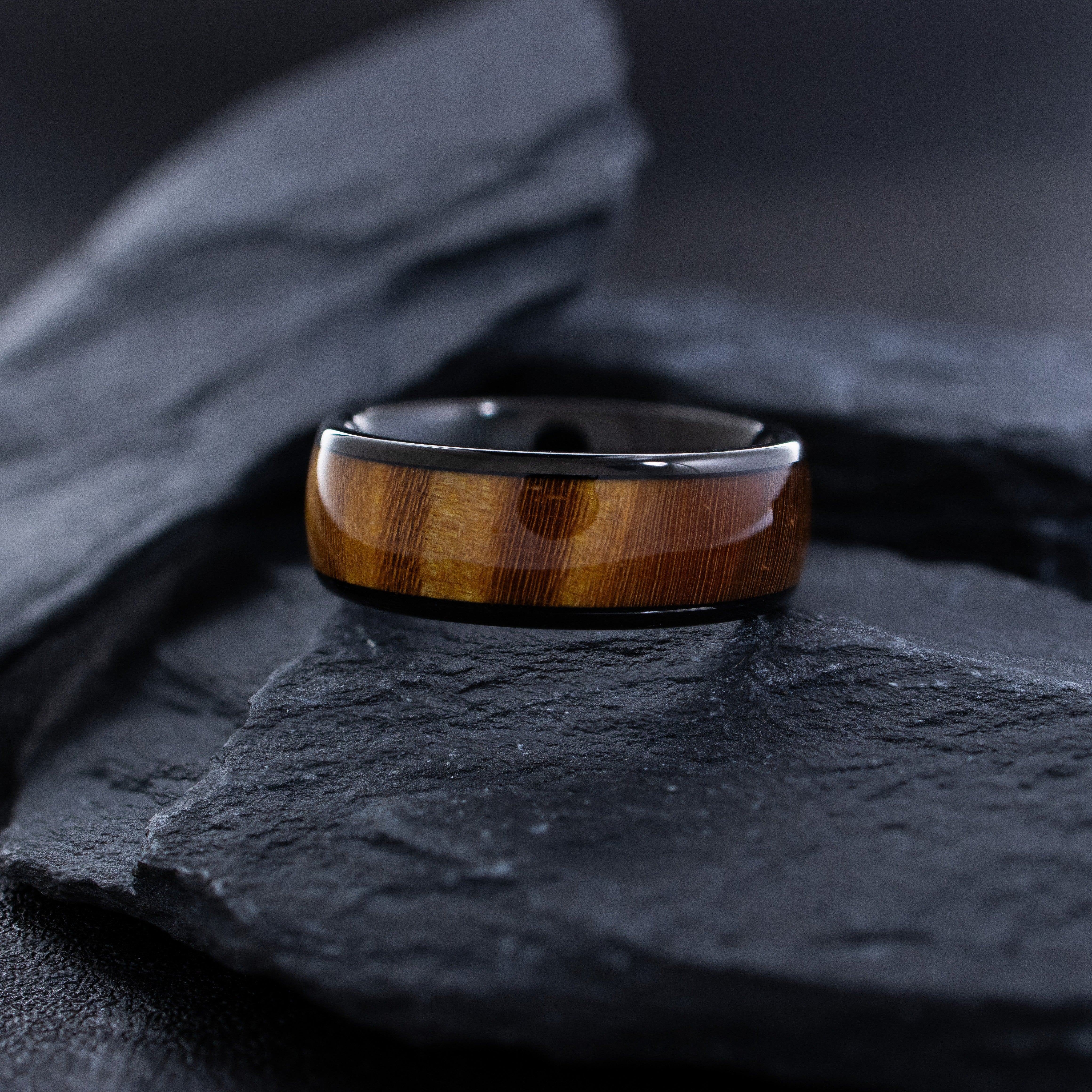 8mm Black Tungsten Ring with Stained Solidified Brown Wood