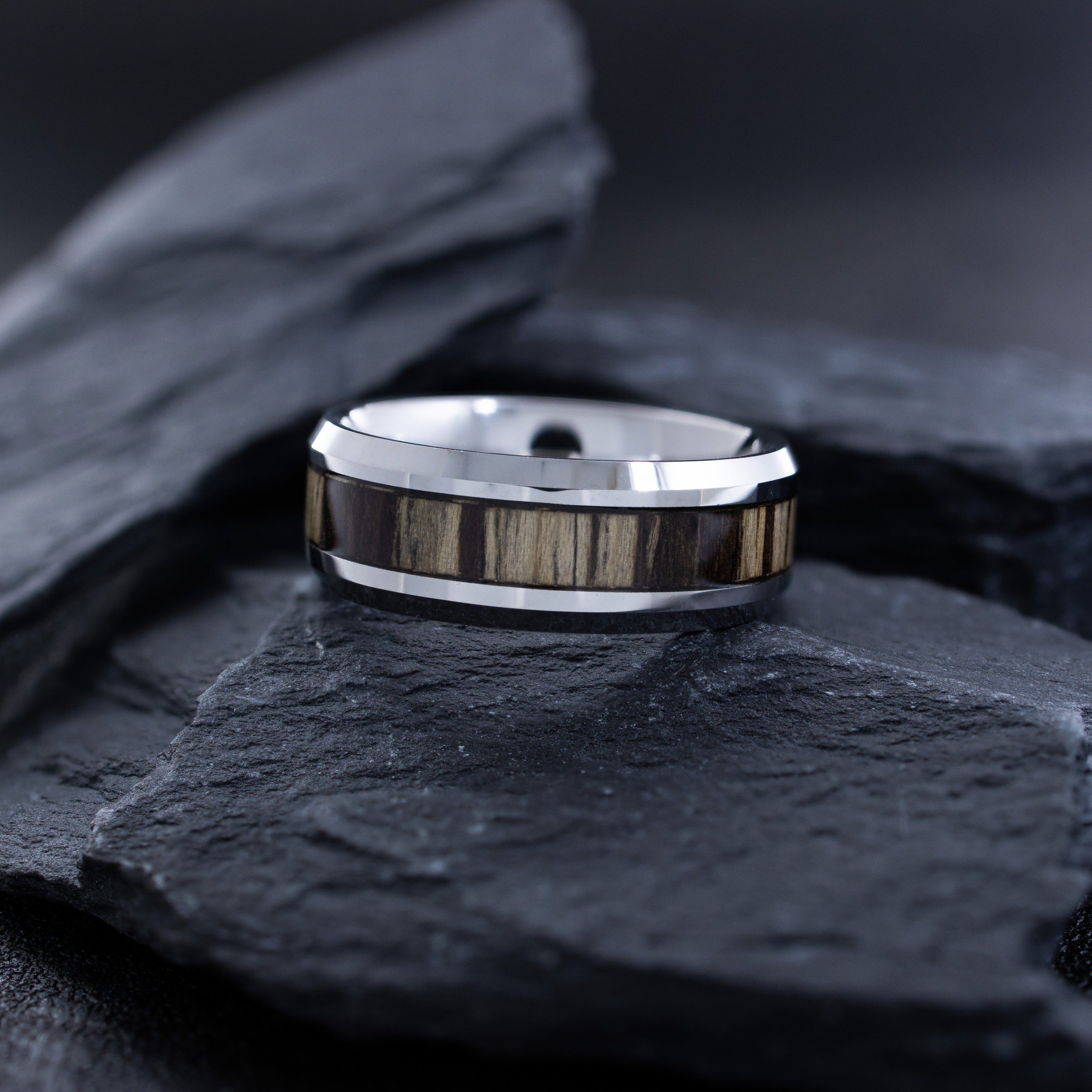 8mm Silver Tungsten Ring with Zebra Wood Inlay