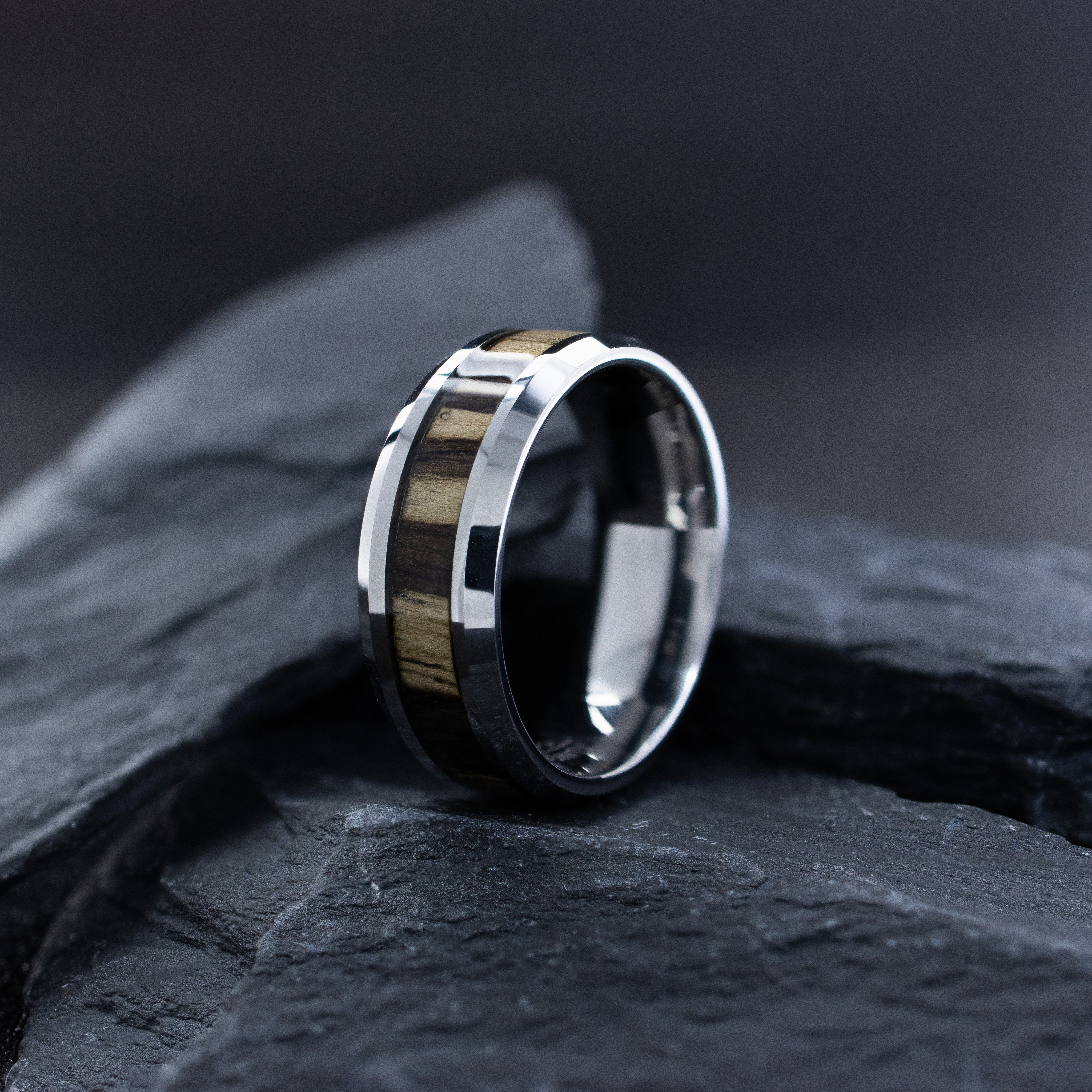 8mm Silver Tungsten Ring with Zebra Wood Inlay