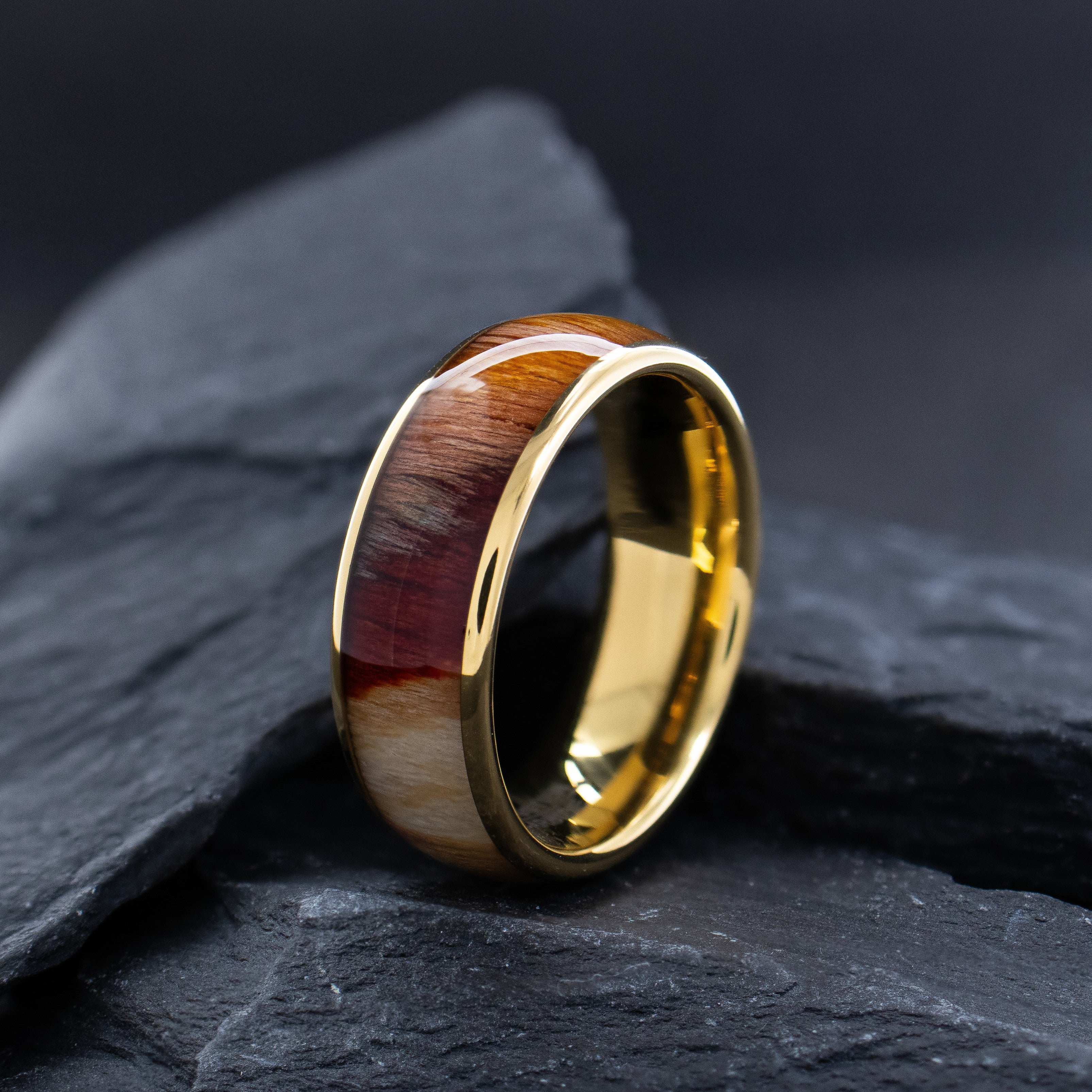 8mm Dome Yellow Gold Plated Tungsten Ring with Dyed Rosewood Inlay