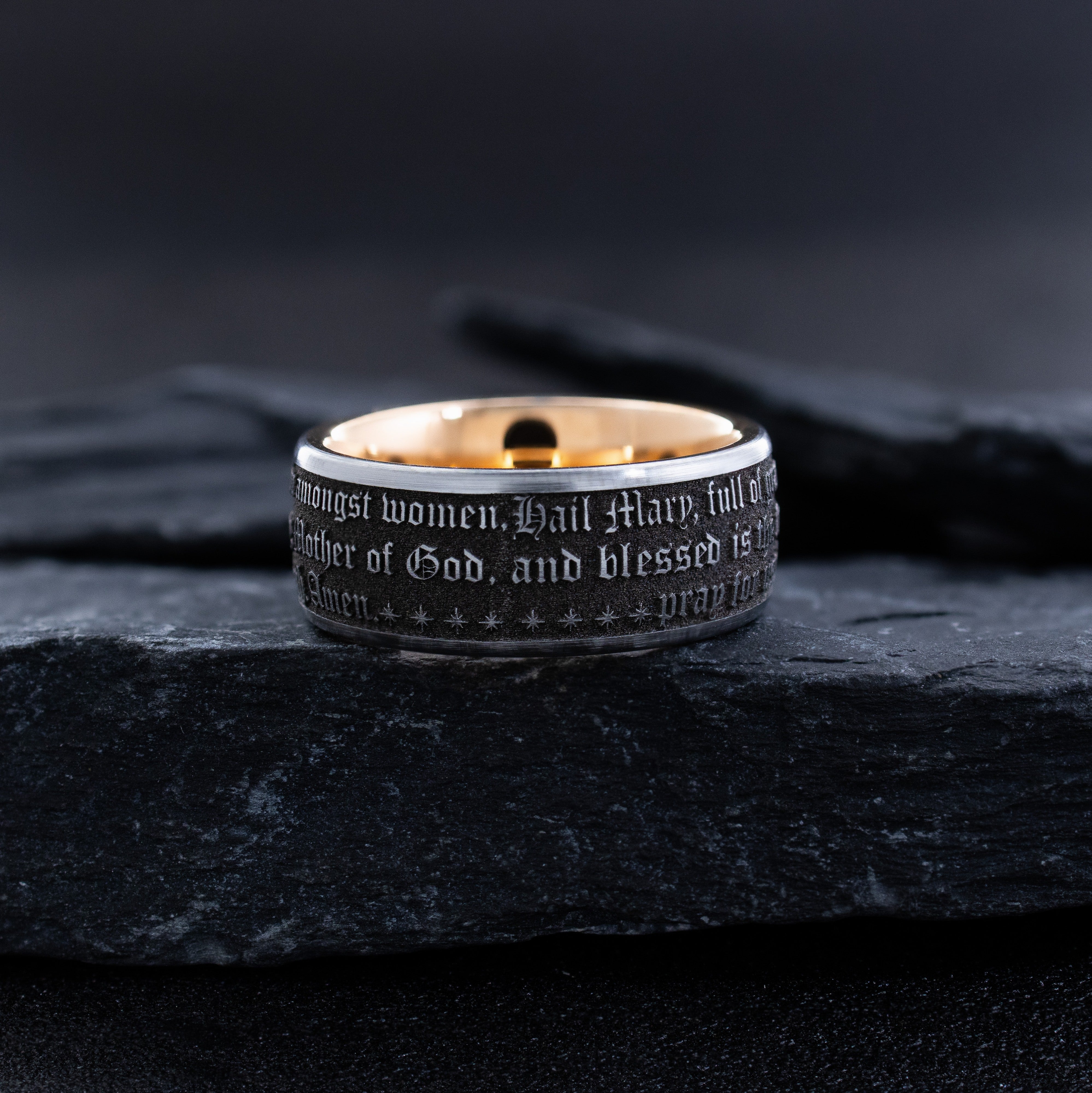 9mm Rose Gold and Black Tungsten Ring with Virgin Mary and Christian Prayer