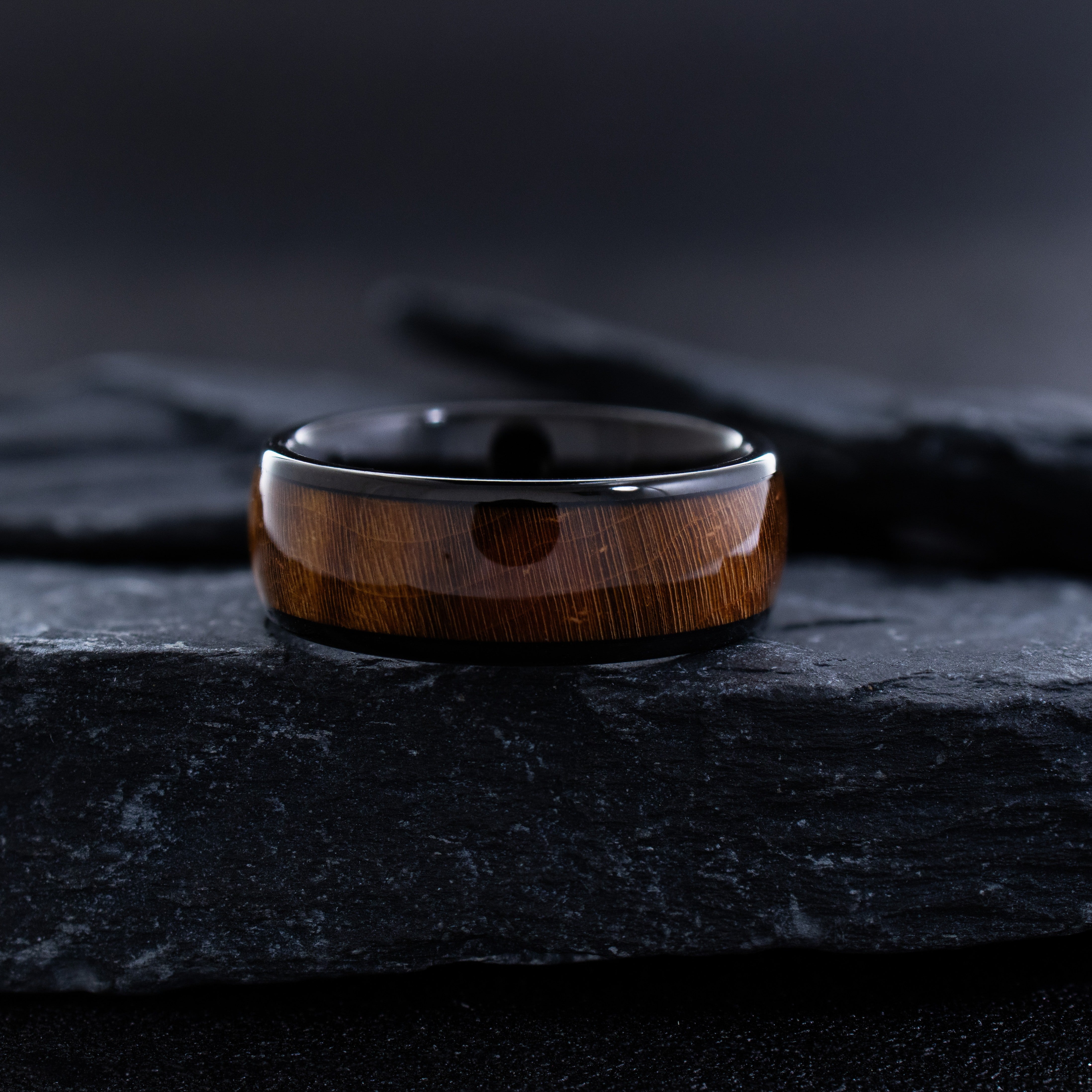 8mm Black Tungsten Ring with Stained Solidified Brown Wood