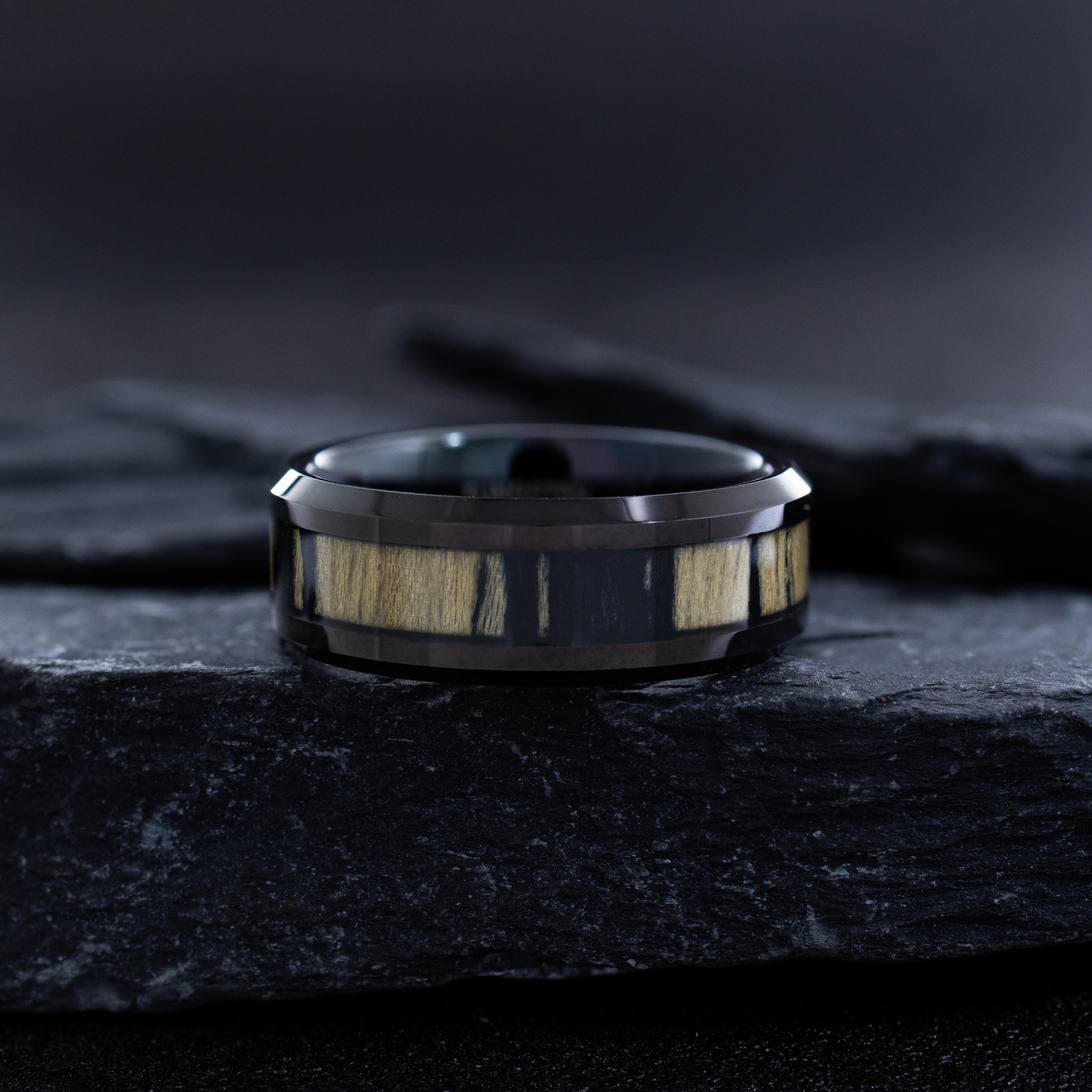8mm Black Tungsten Ring with Zebra Wood Inlay