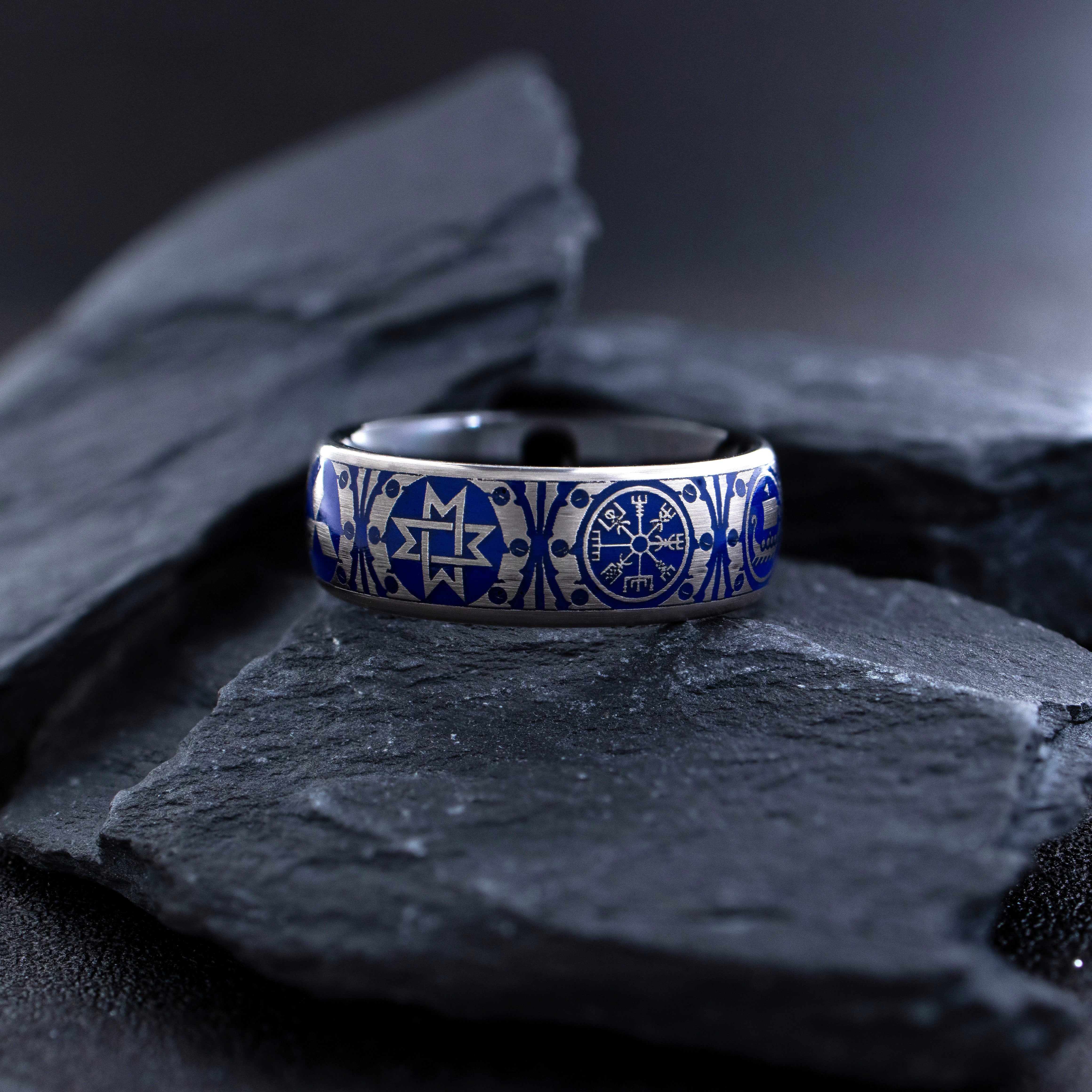 8mm Tantalum Ring with Norse Viking Runes and Blue Enamel