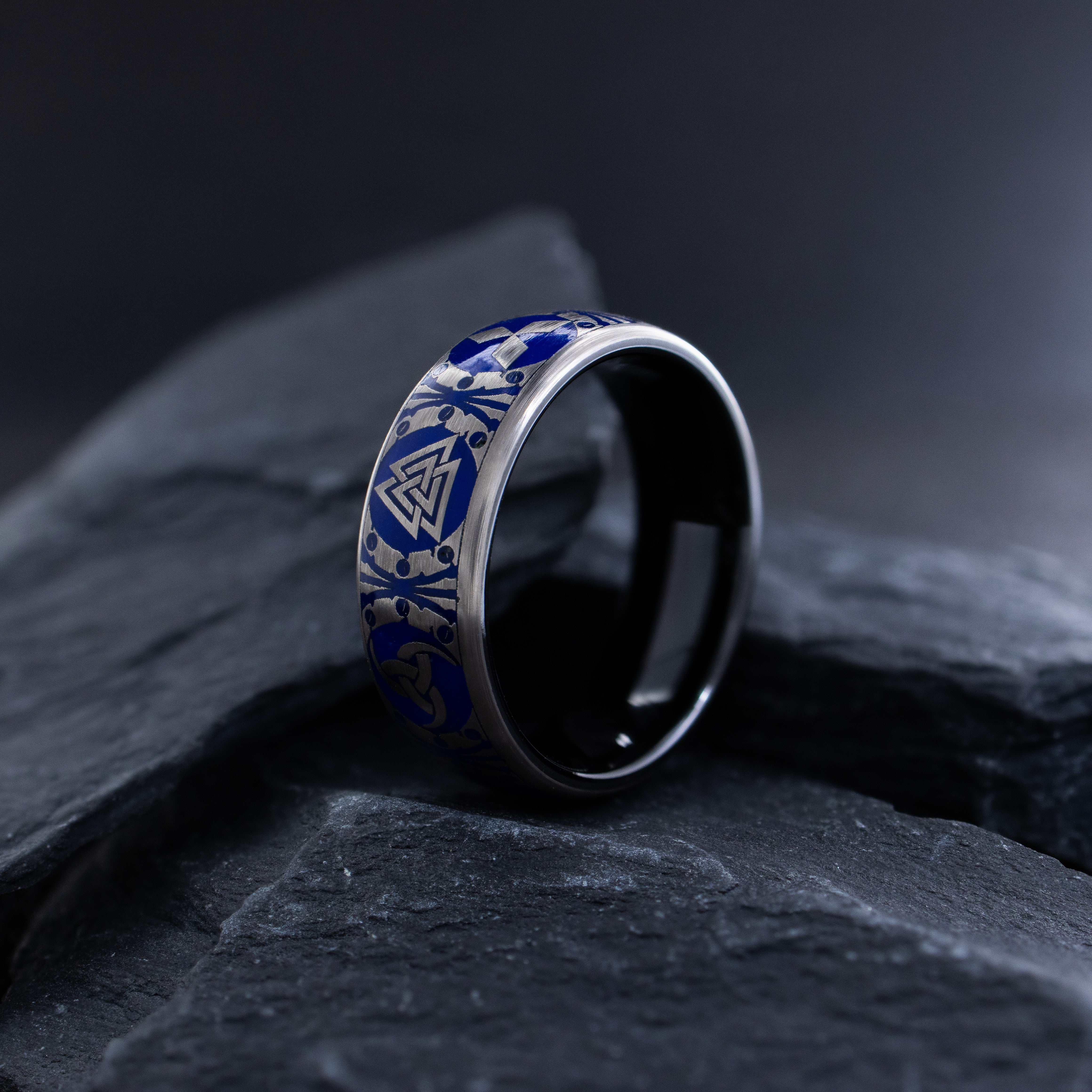 8mm Tantalum Ring with Norse Viking Runes and Blue Enamel