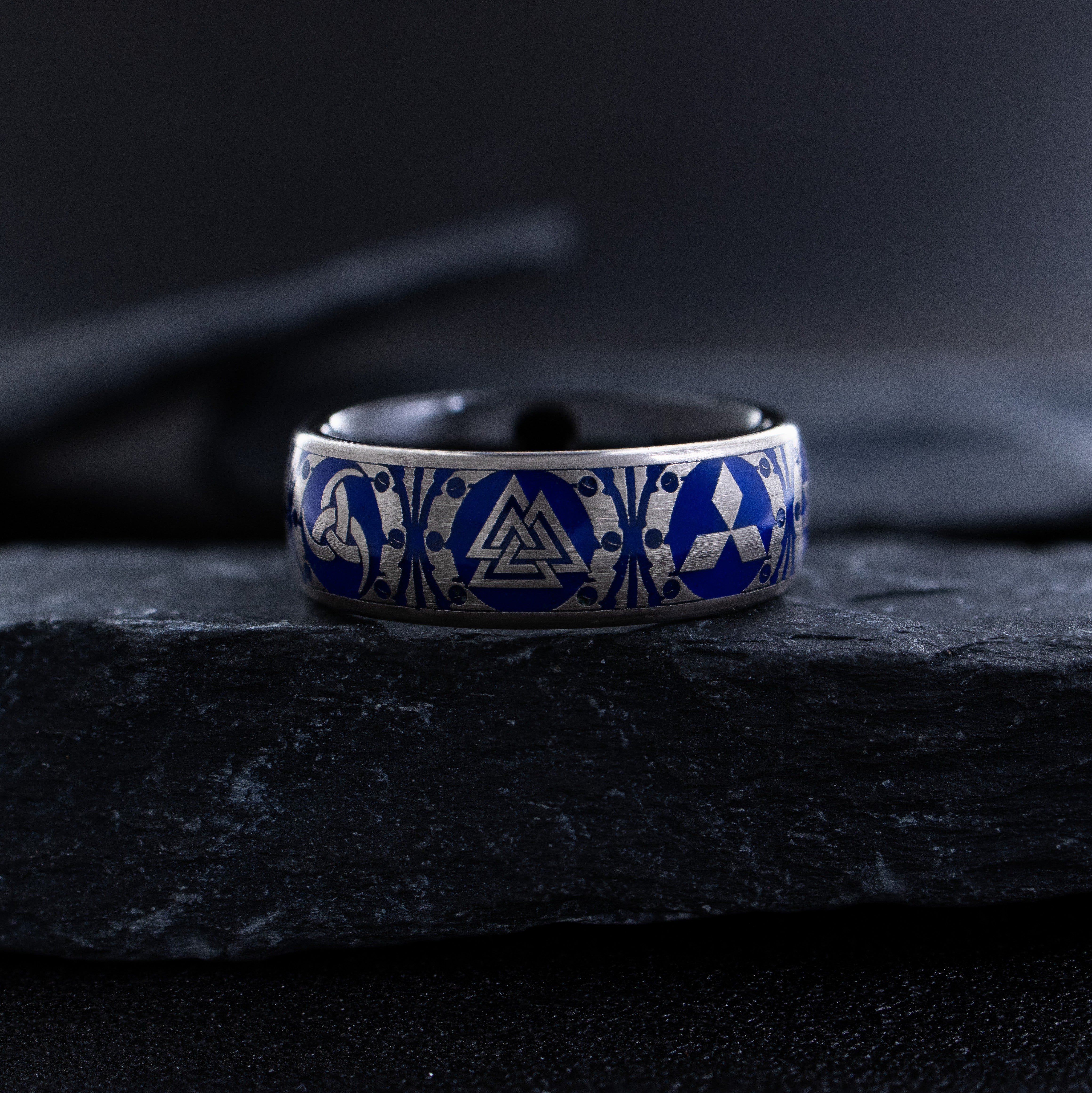8mm Tantalum Ring with Norse Viking Runes and Blue Enamel