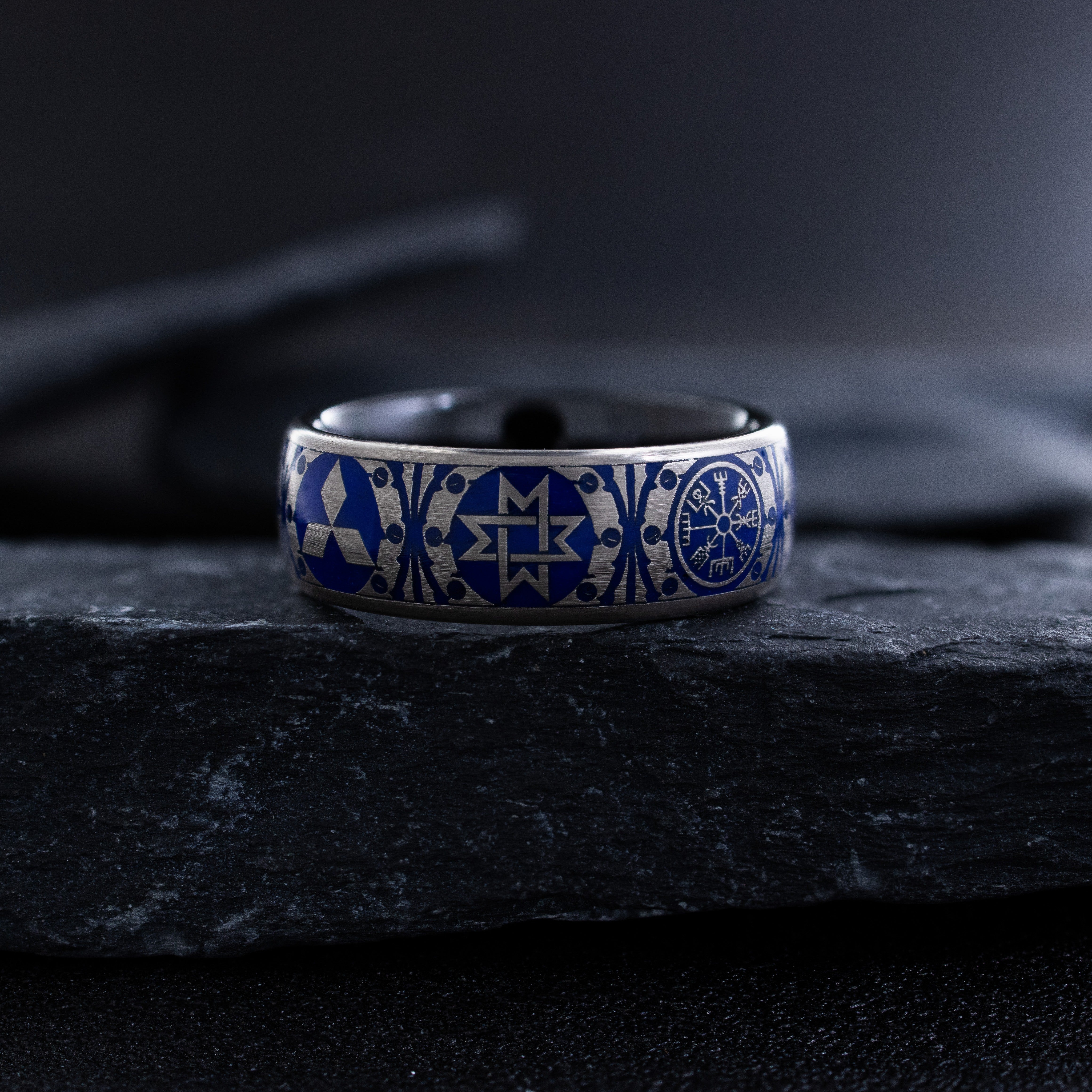 8mm Tantalum Ring with Norse Viking Runes and Blue Enamel