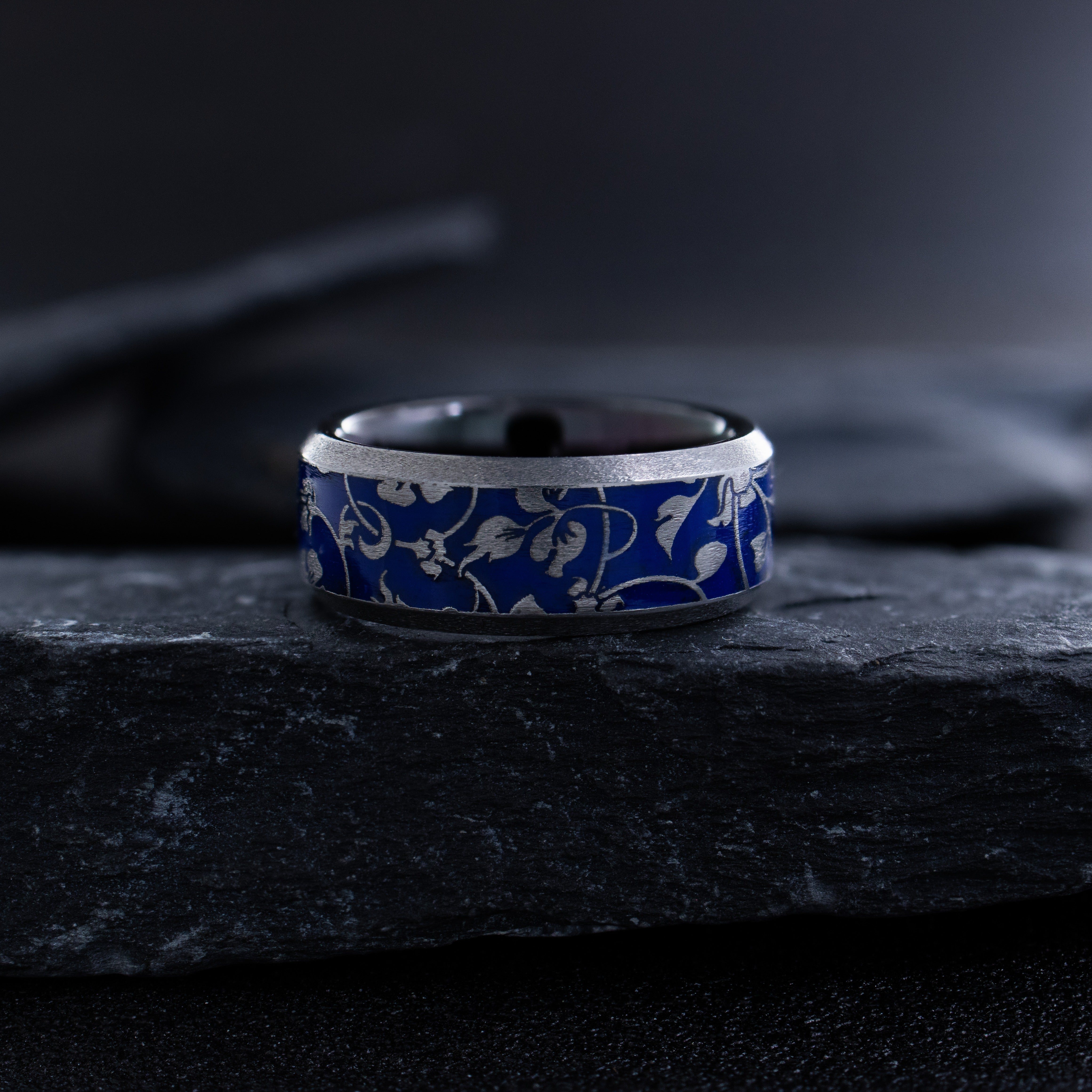 Blue Enamel Floral Pattern Tungsten Carbide Ring, 8mm Band with Edwardian Floral Engravings and Colorful Enamel