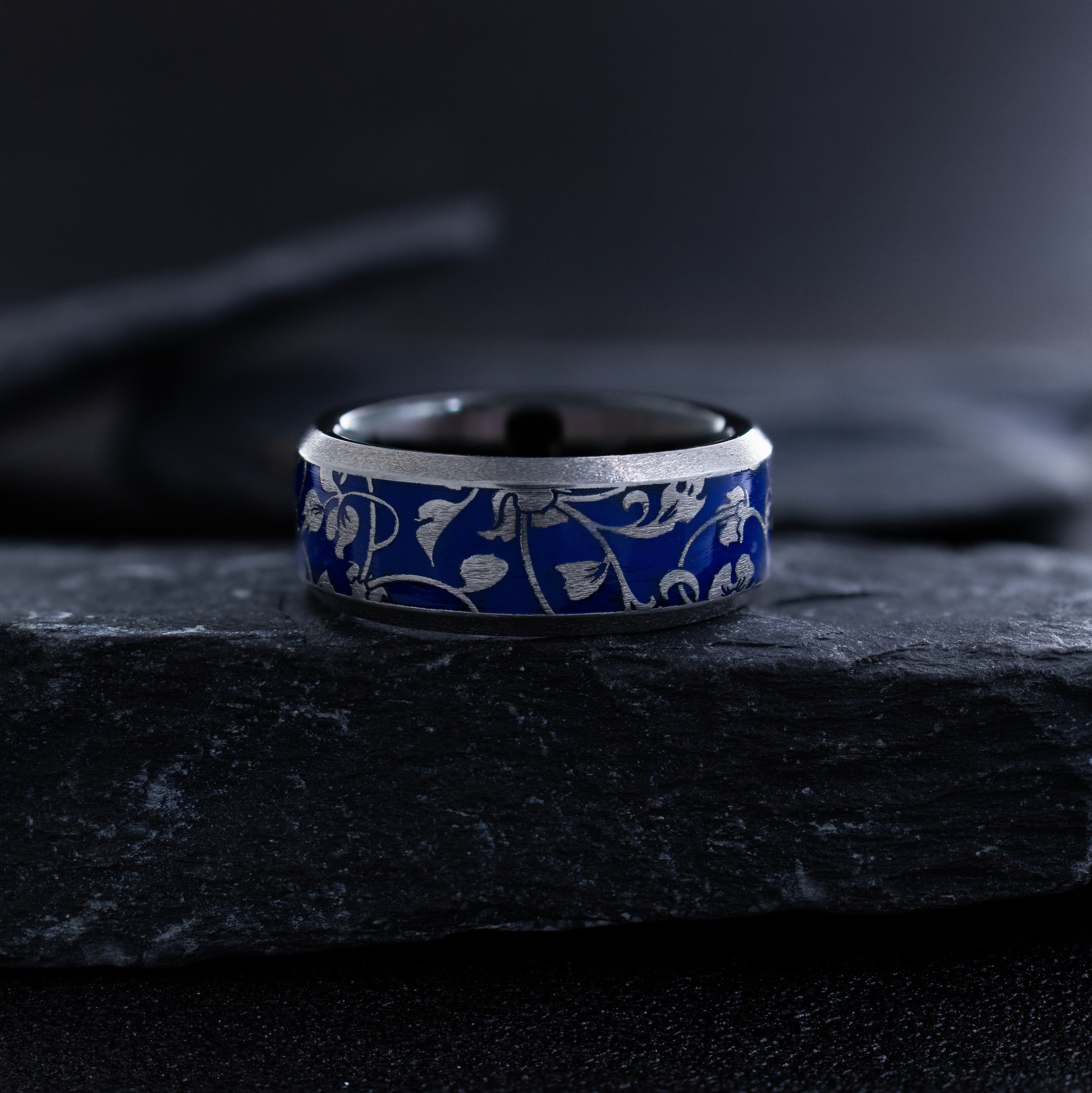 Blue Enamel Floral Pattern Tungsten Carbide Ring, 8mm Band with Edwardian Floral Engravings and Colorful Enamel