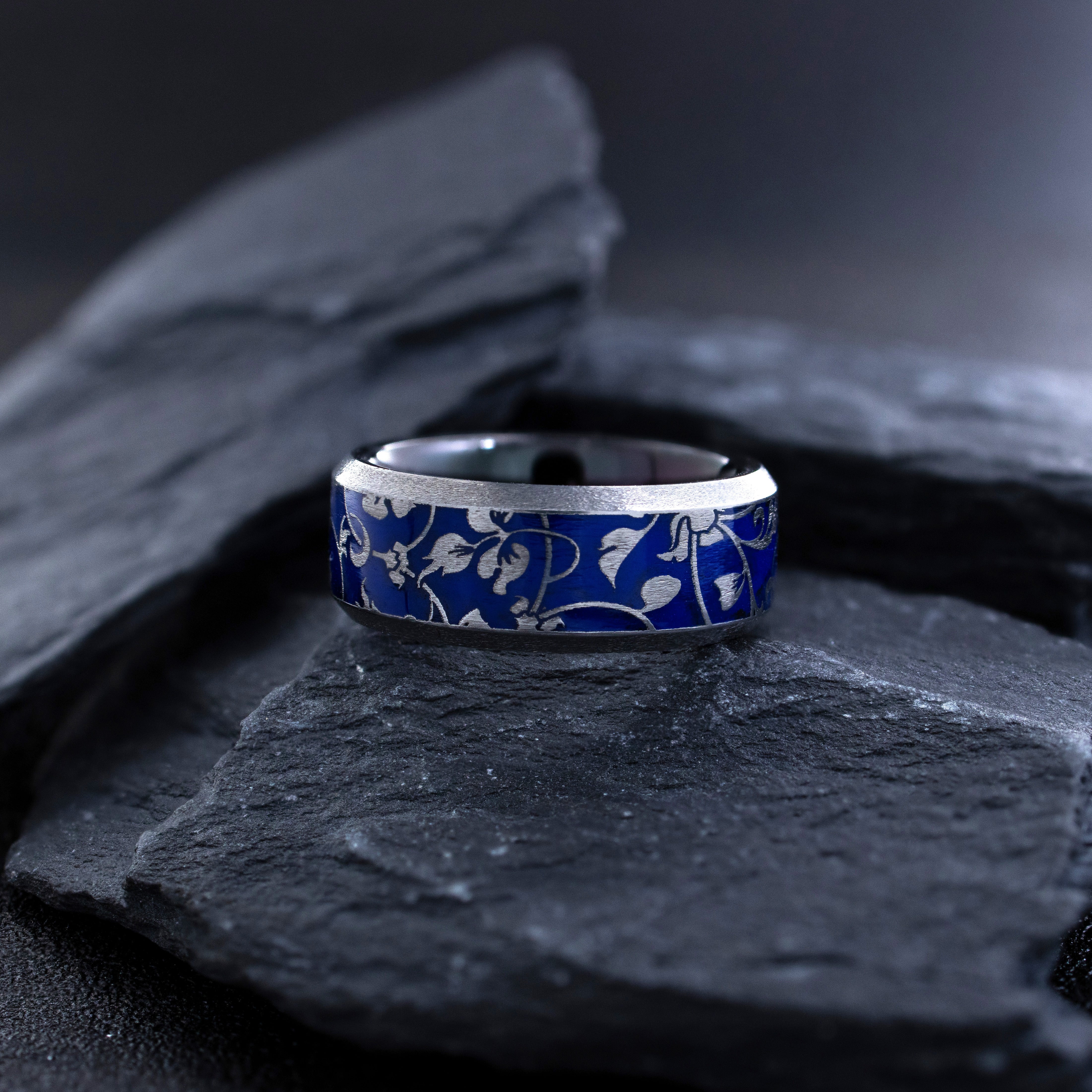 Blue Enamel Floral Pattern Tungsten Carbide Ring, 8mm Band with Edwardian Floral Engravings and Colorful Enamel