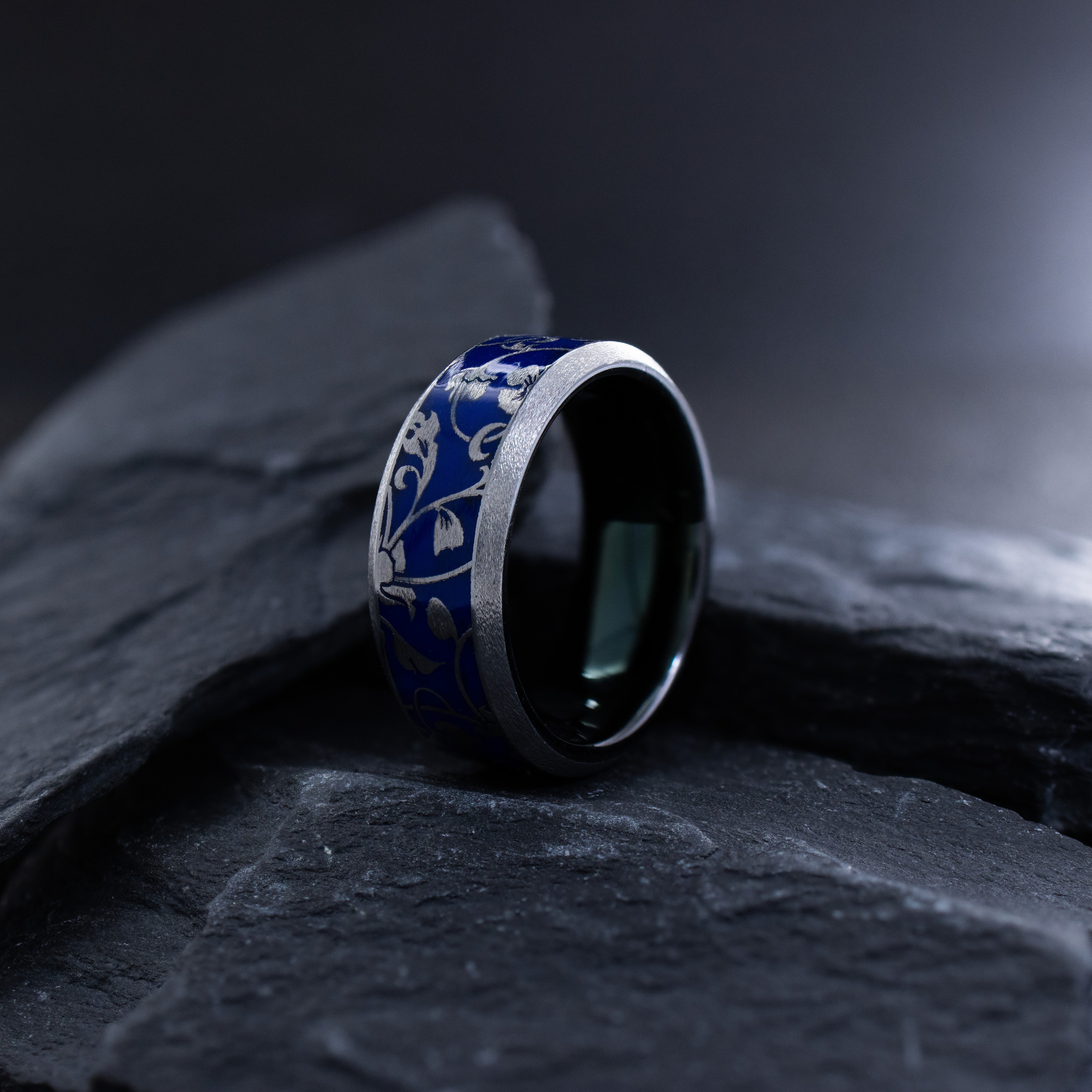 Blue Enamel Floral Pattern Tungsten Carbide Ring, 8mm Band with Edwardian Floral Engravings and Colorful Enamel