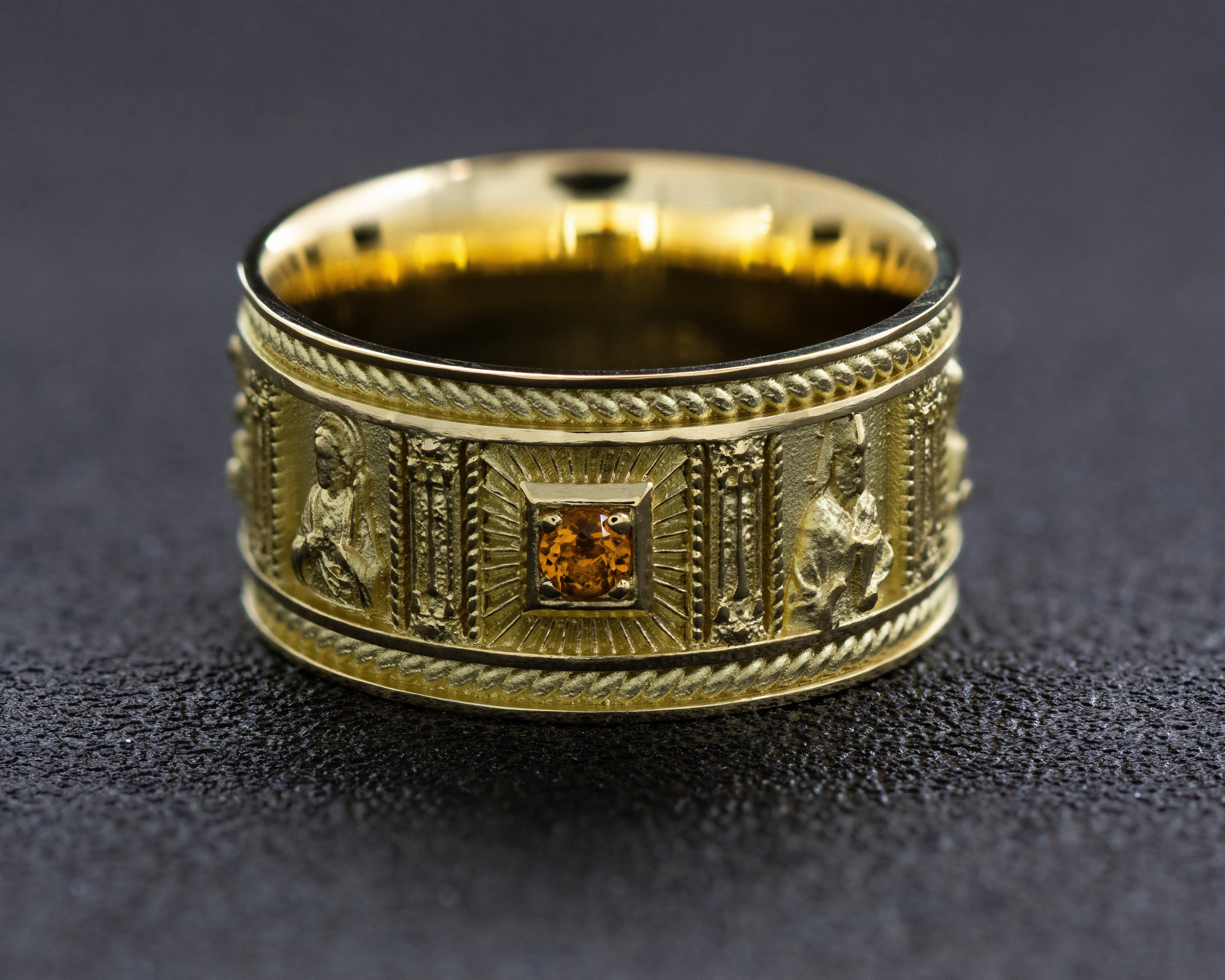 10mm Solid 14k or 18k Yellow Gold Ring with Christian Saints and Gemstone