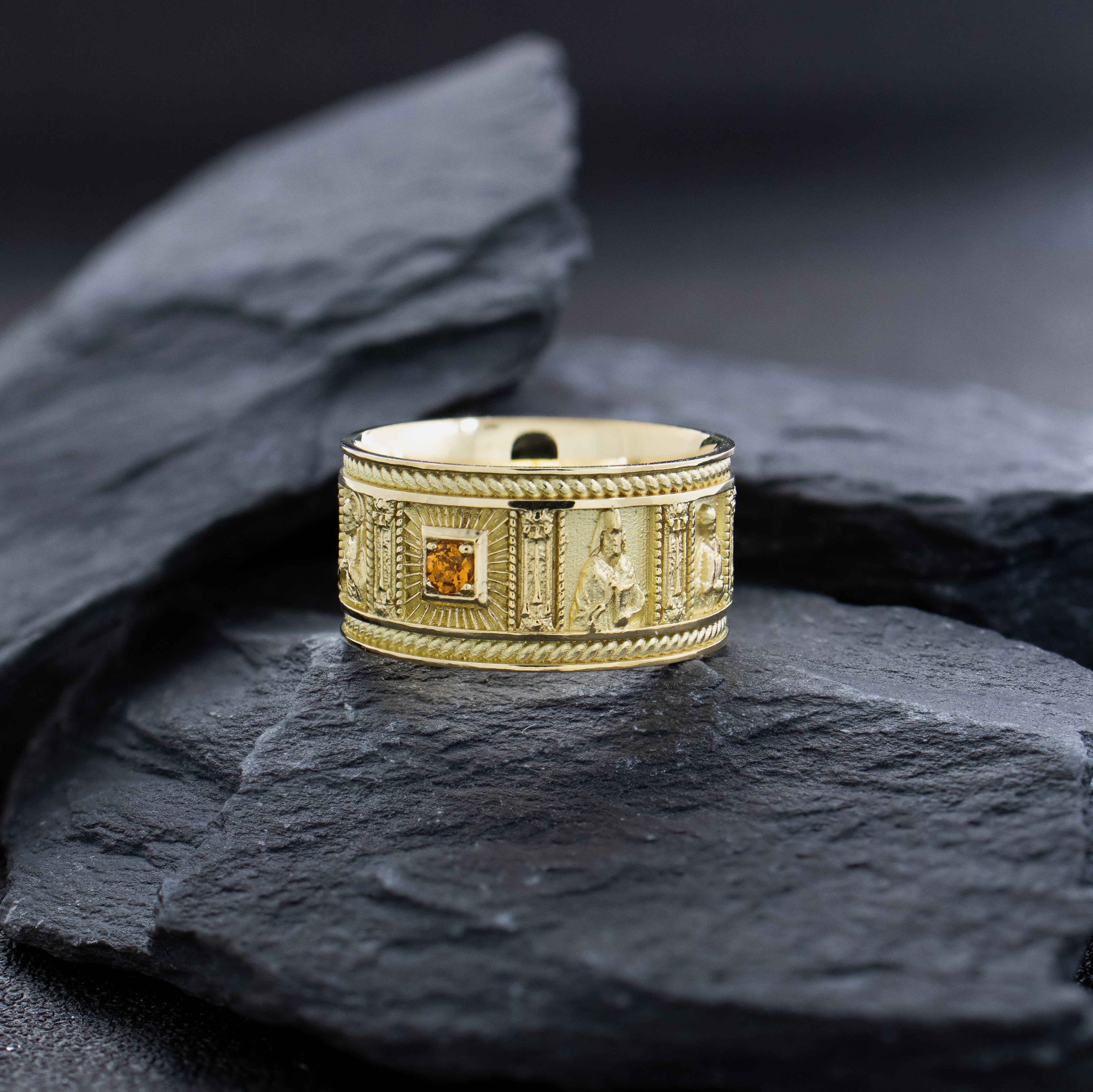 10mm Solid 14k or 18k Yellow Gold Ring with Christian Saints and Gemstone