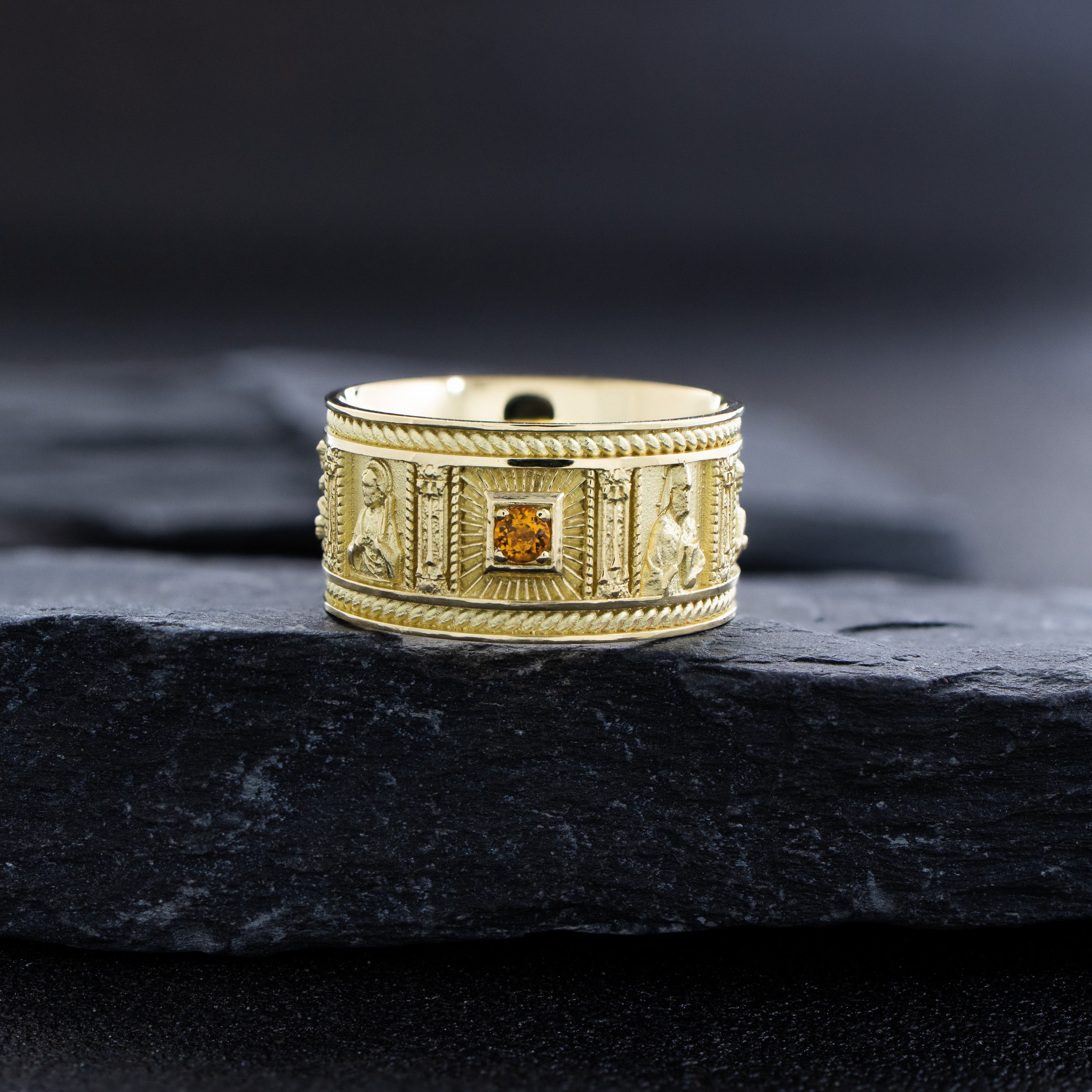 10mm Solid 14k or 18k Yellow Gold Ring with Christian Saints and Gemstone