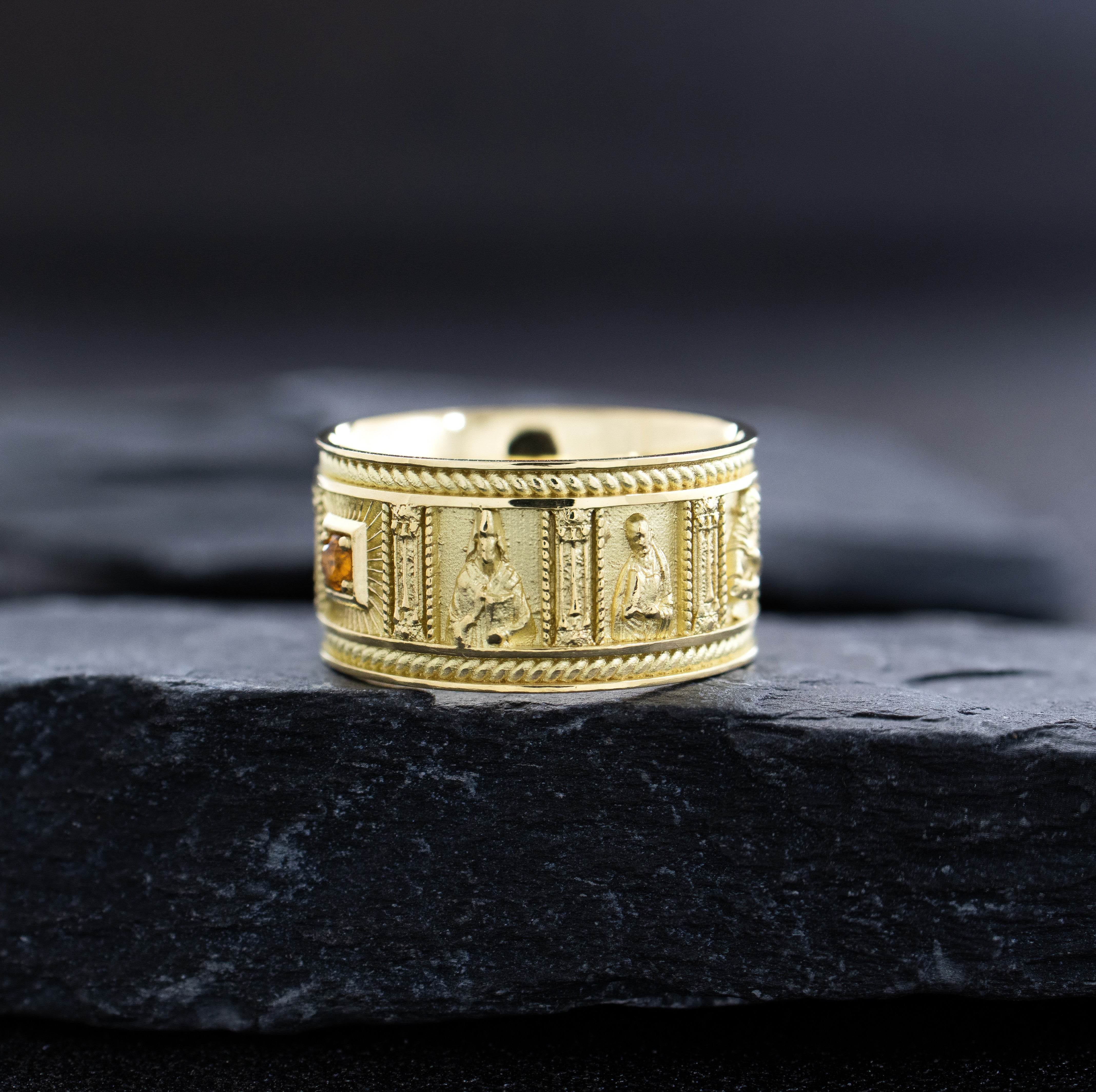 10mm Solid 14k or 18k Yellow Gold Ring with Christian Saints and Gemstone