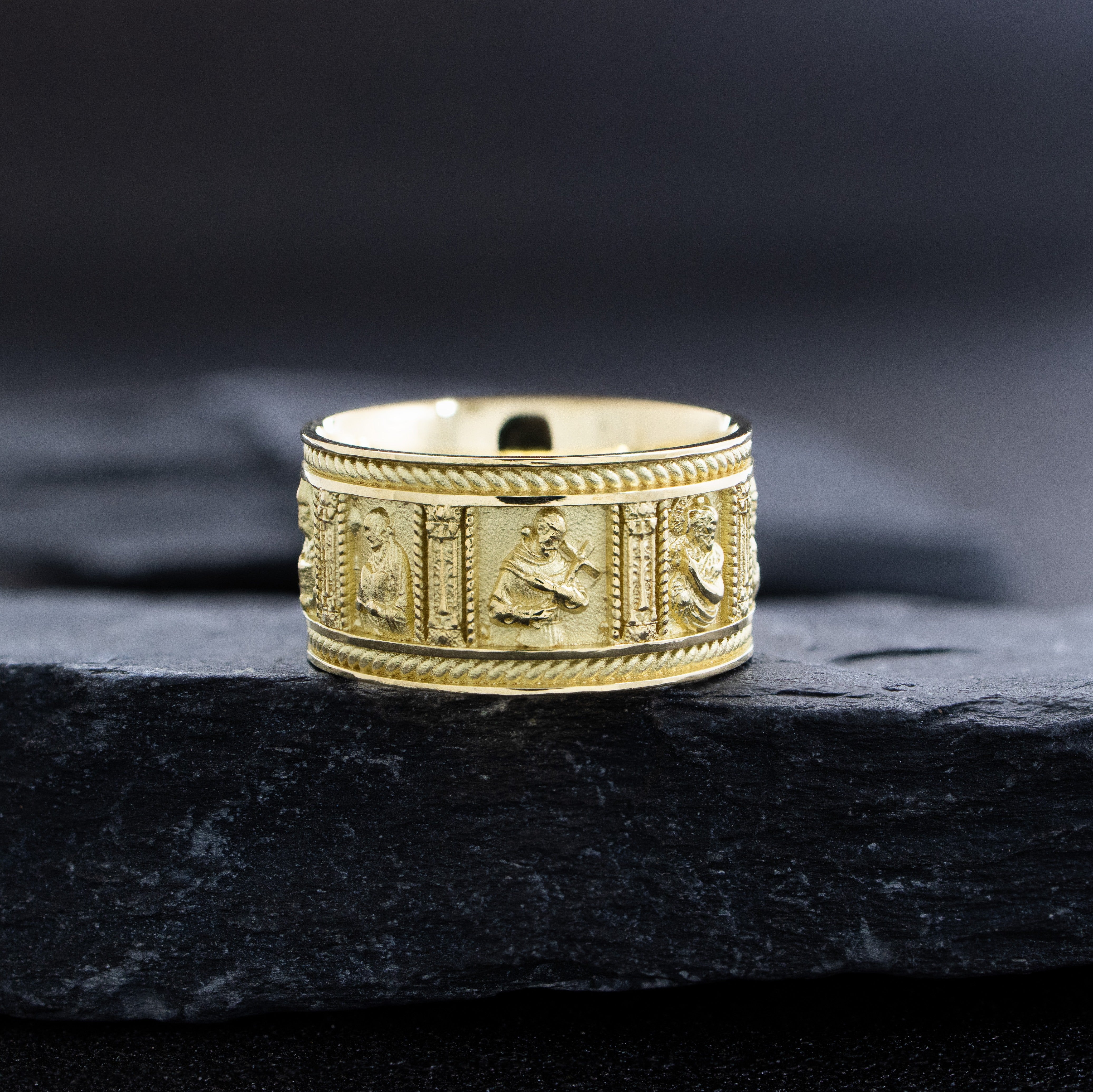 10mm Solid 14k or 18k Yellow Gold Ring with Christian Saints and Gemstone