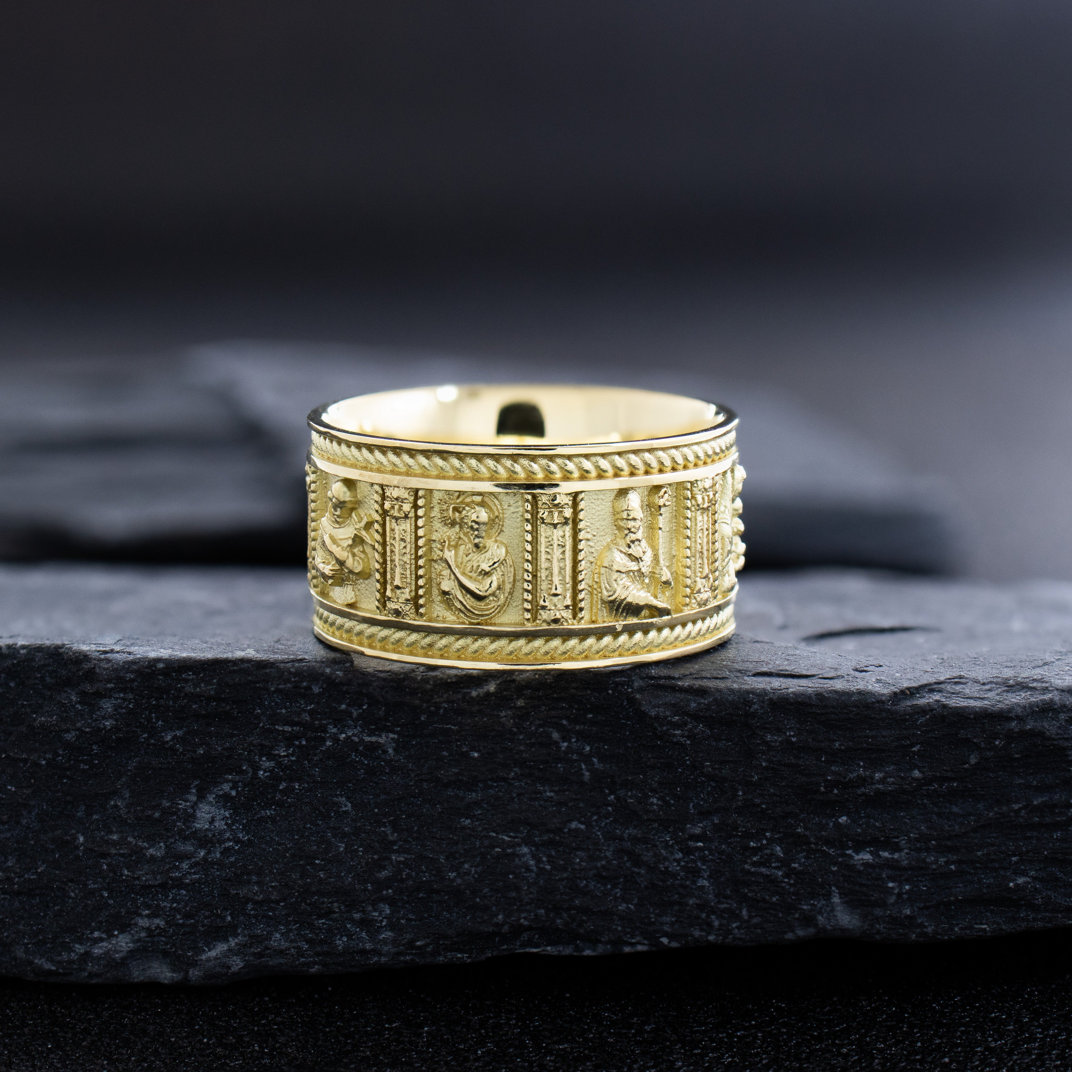 10mm Solid 14k or 18k Yellow Gold Ring with Christian Saints and Gemstone