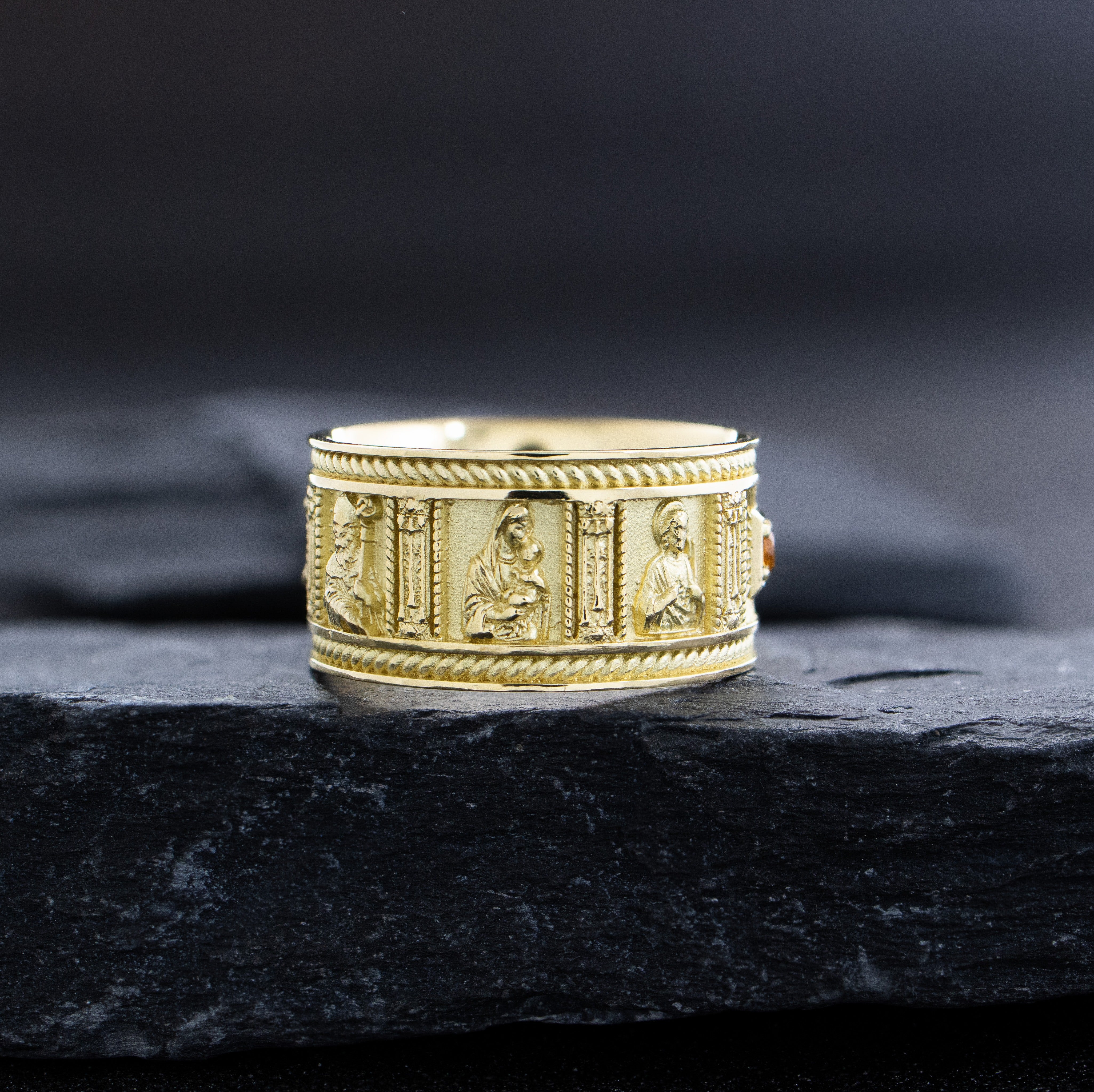 10mm Solid 14k or 18k Yellow Gold Ring with Christian Saints and Gemstone