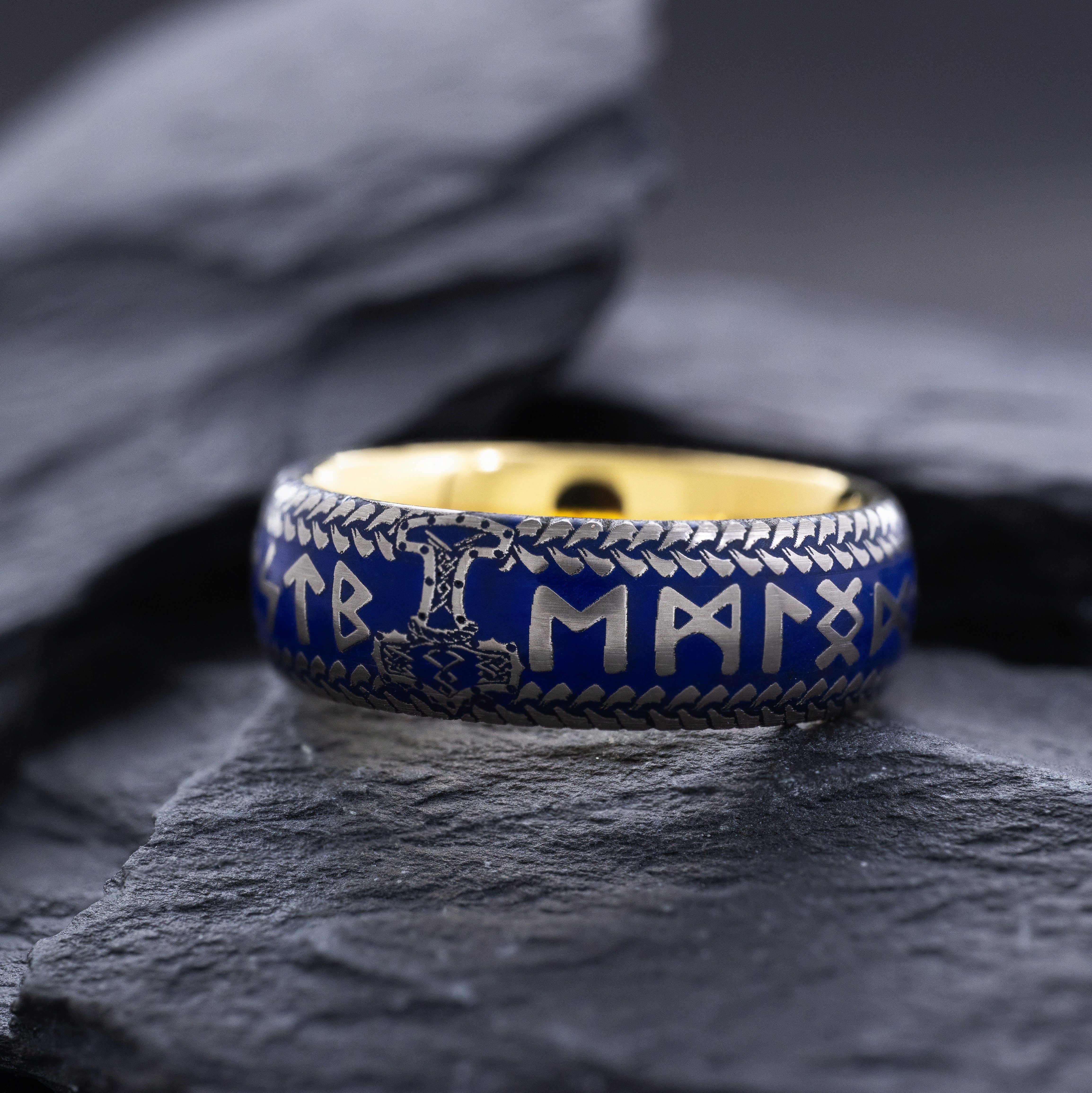 Blue Enamel Viking Norse Tungsten Carbide Ring, 8mm Yellow Gold Plated Band with Thor's Hammer and Nordic Runes Engravings and Custom Enamel