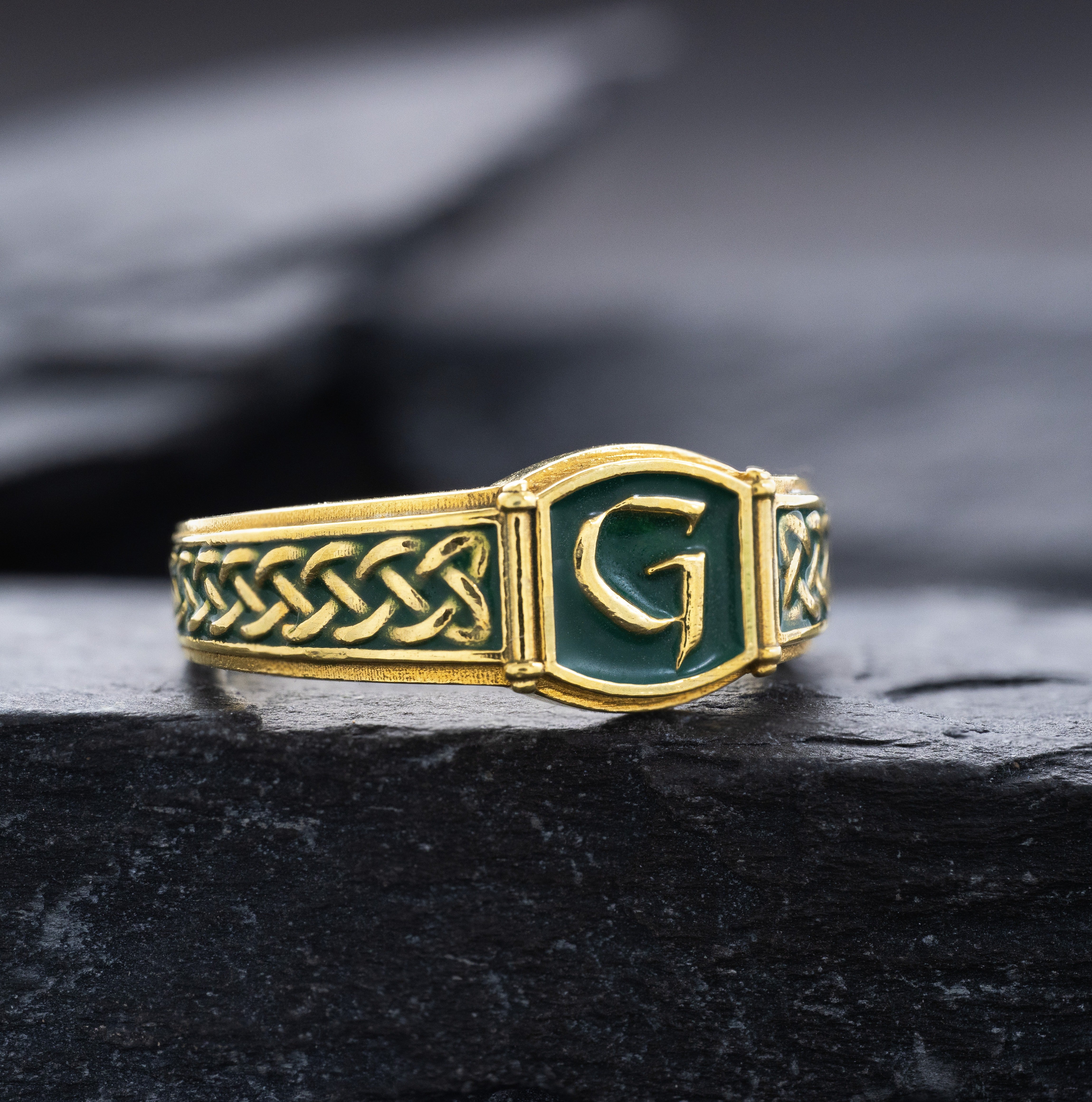 Norse Initial Signet Ring with Enamel, 14k Solid Yellow Gold Signet Ring