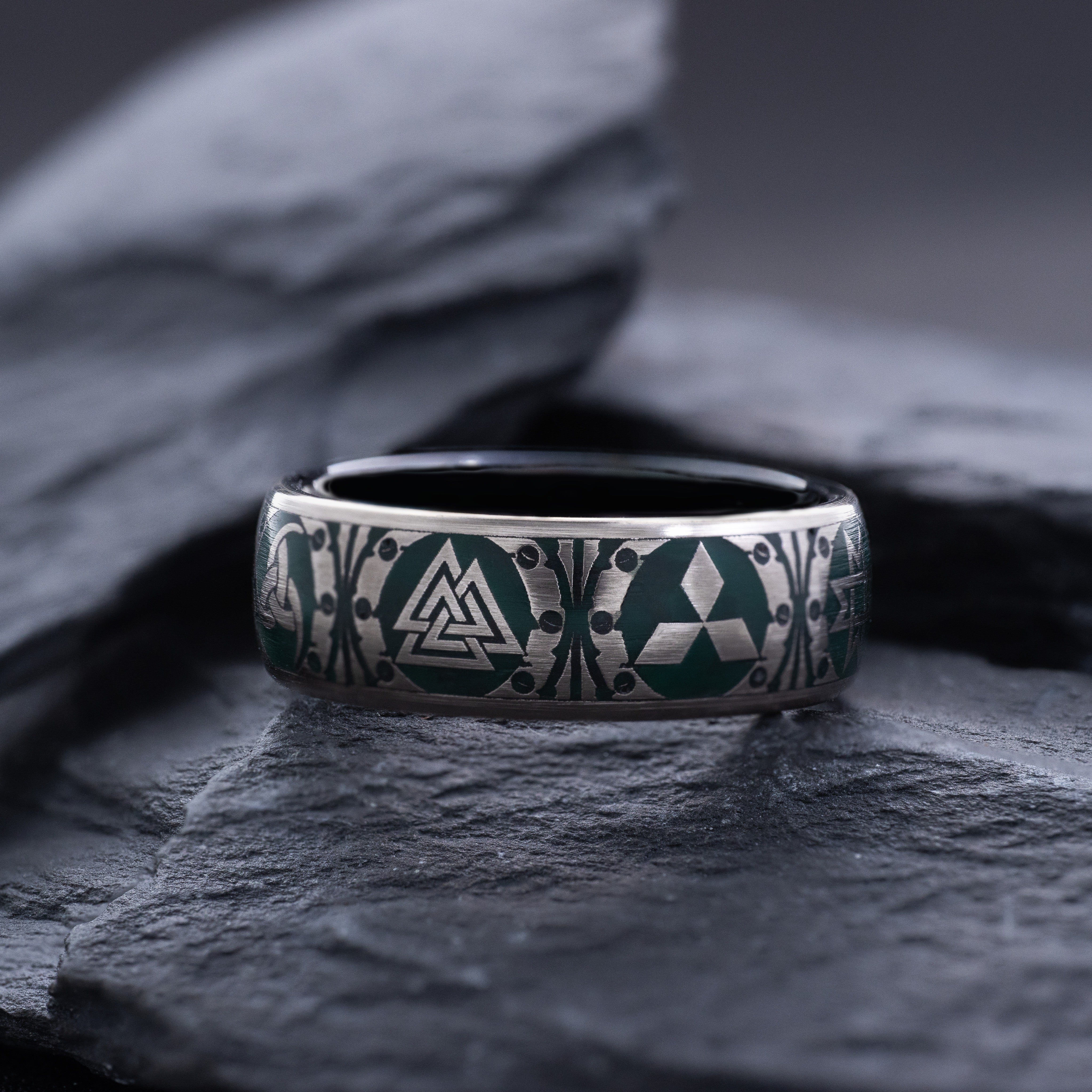 8mm Tantalum Ring with Norse Viking Runes and Blue Enamel