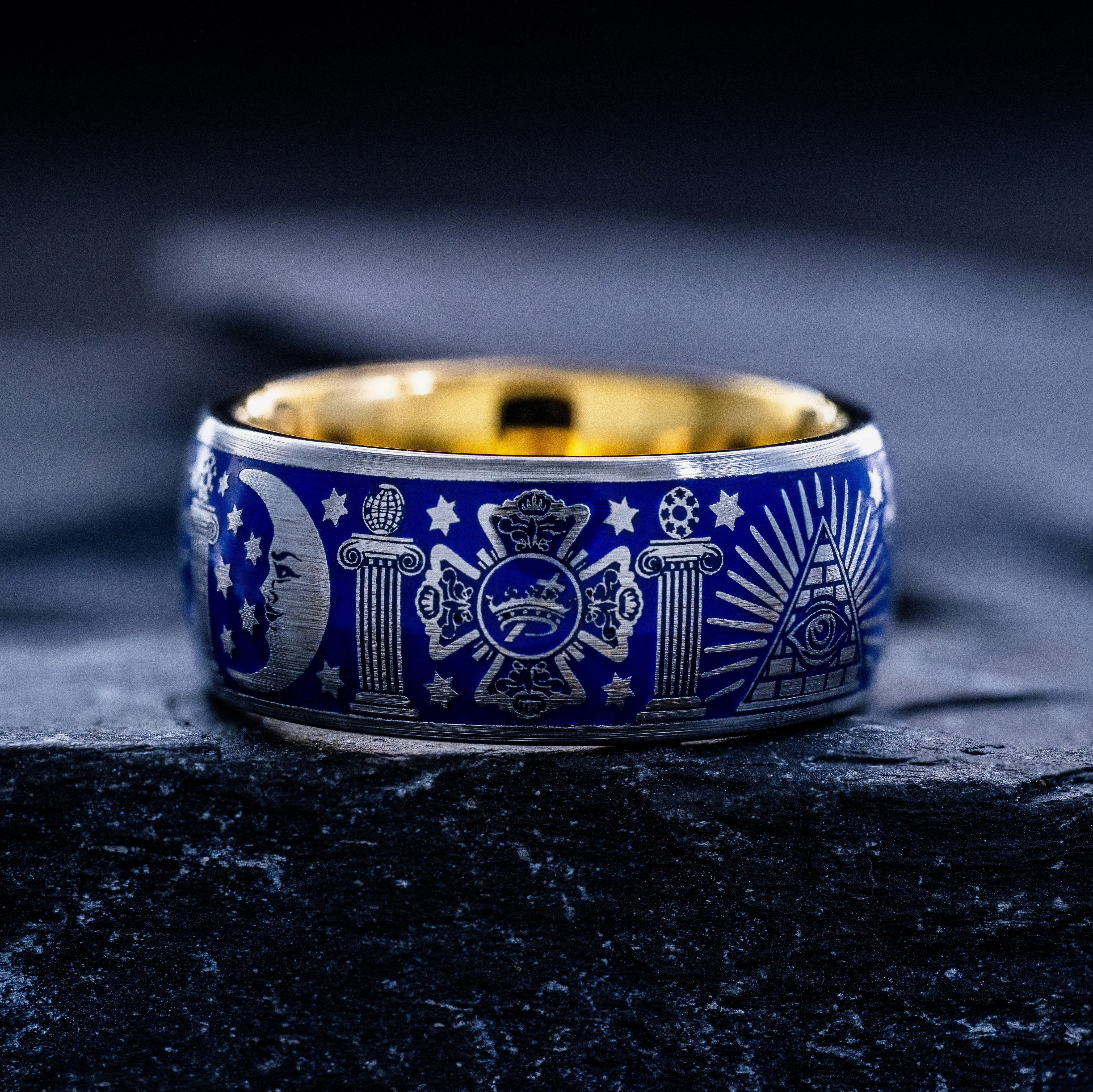 Masonic Tungsten Carbide Ring, 9mm Yellow Gold Plated Band with Masonic Symbols and Blue Enamel