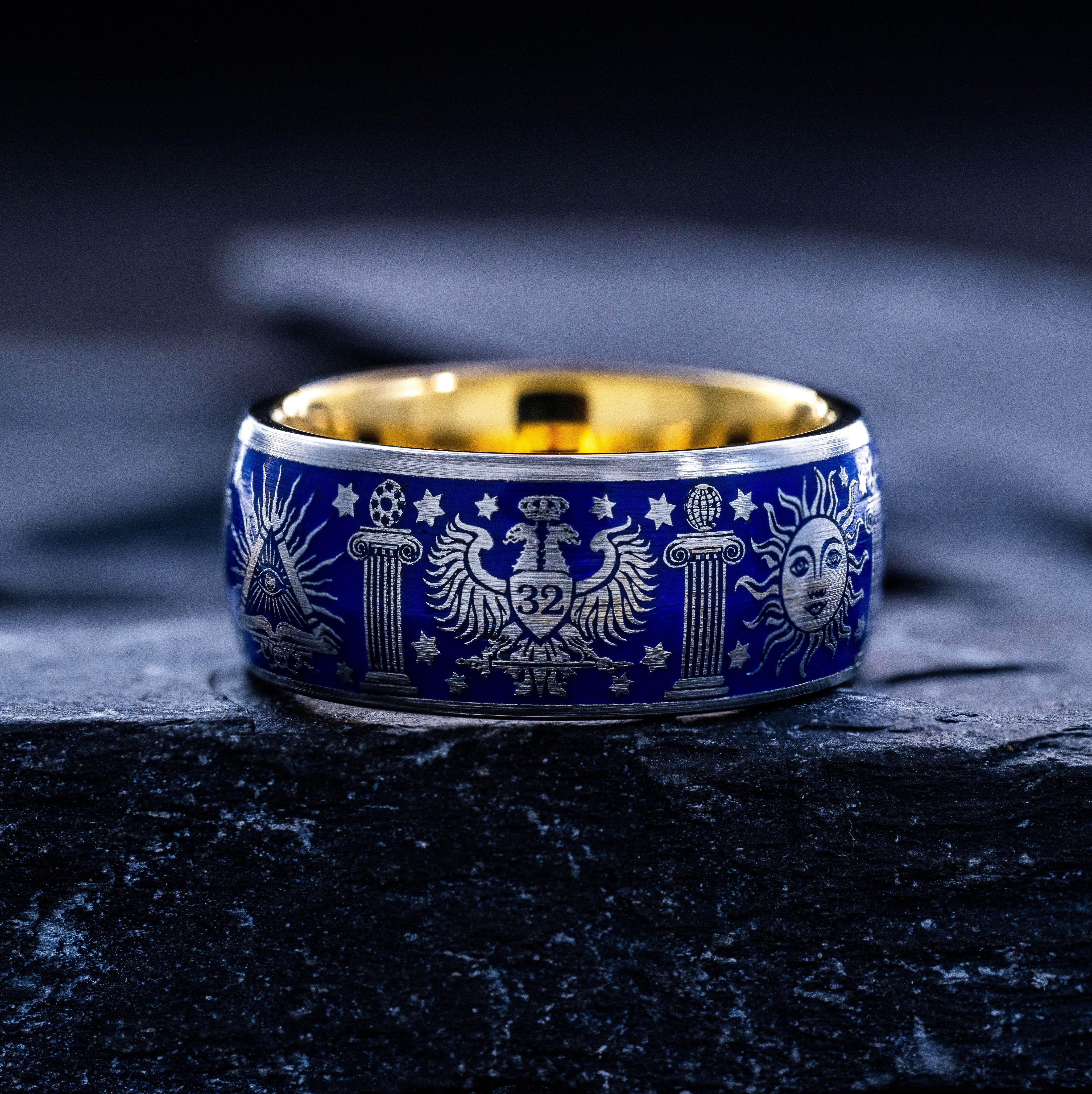 Masonic Tungsten Carbide Ring, 9mm Yellow Gold Plated Band with Masonic Symbols and Blue Enamel