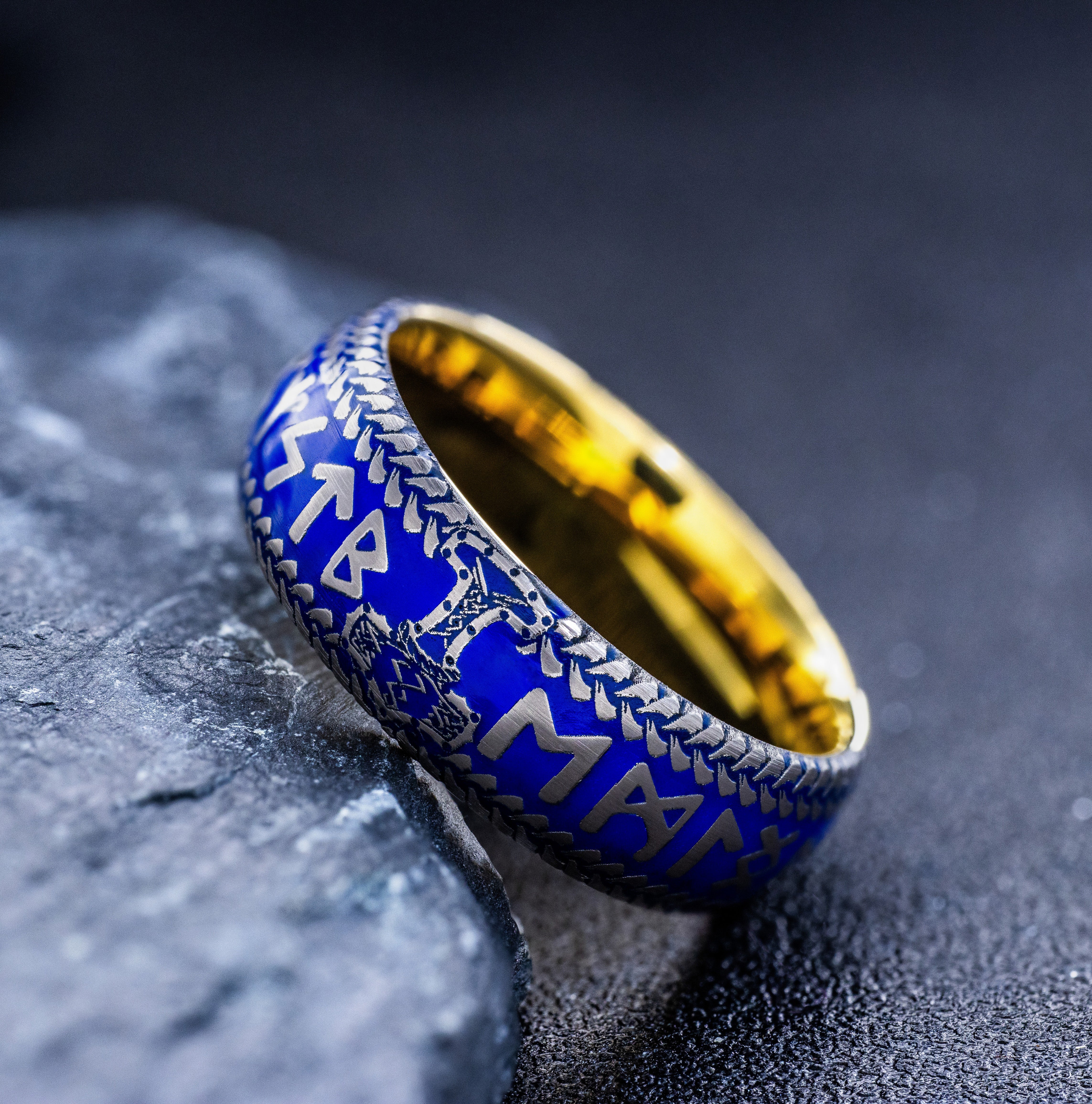 Blue Enamel Viking Norse Tungsten Carbide Ring, 8mm Yellow Gold Plated Band with Thor's Hammer and Nordic Runes Engravings and Custom Enamel