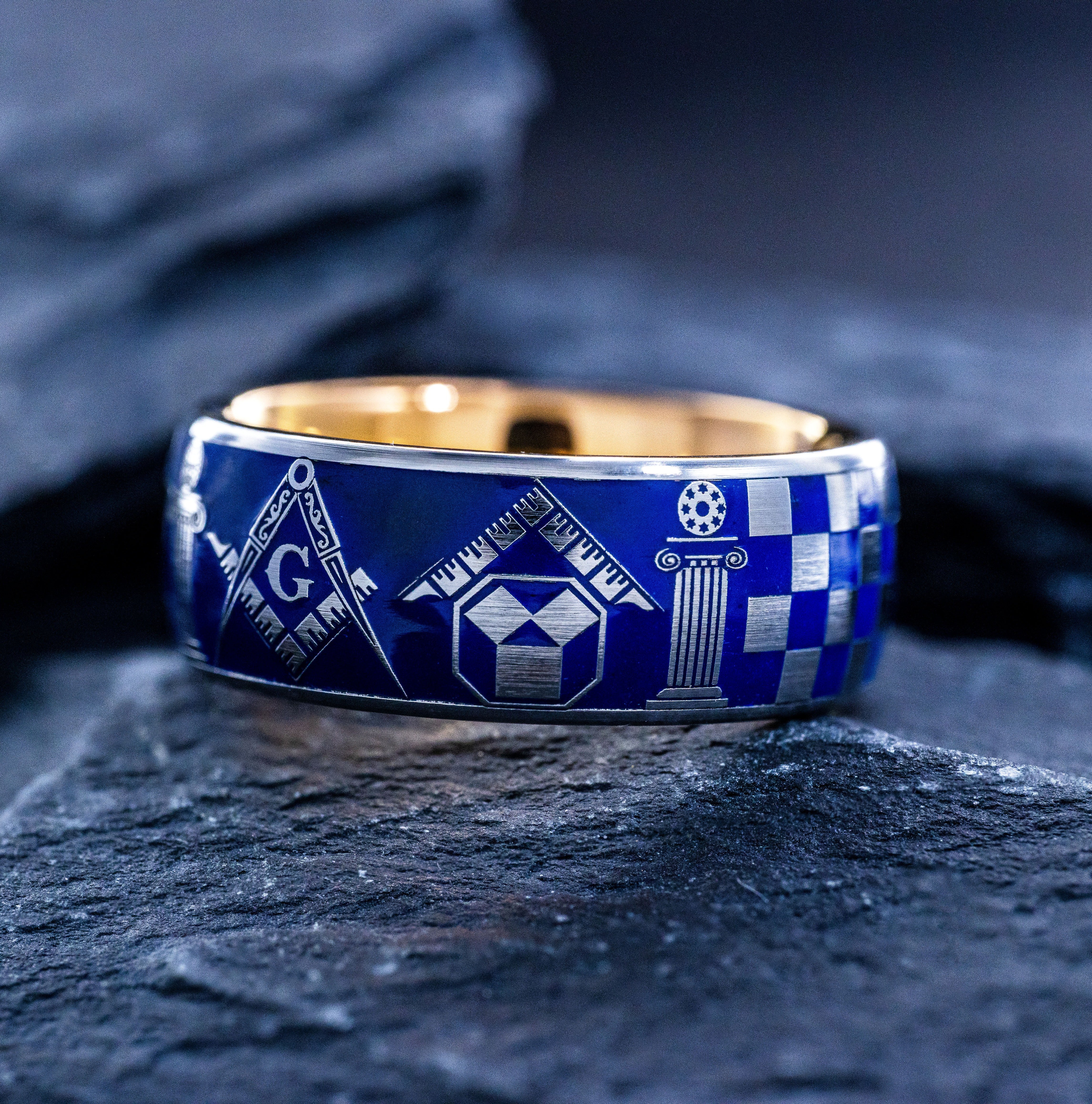 Masonic Blue Enamel Ring with Checkerboard Pattern, 9mm Rose Gold Plated Tungsten Carbide Band