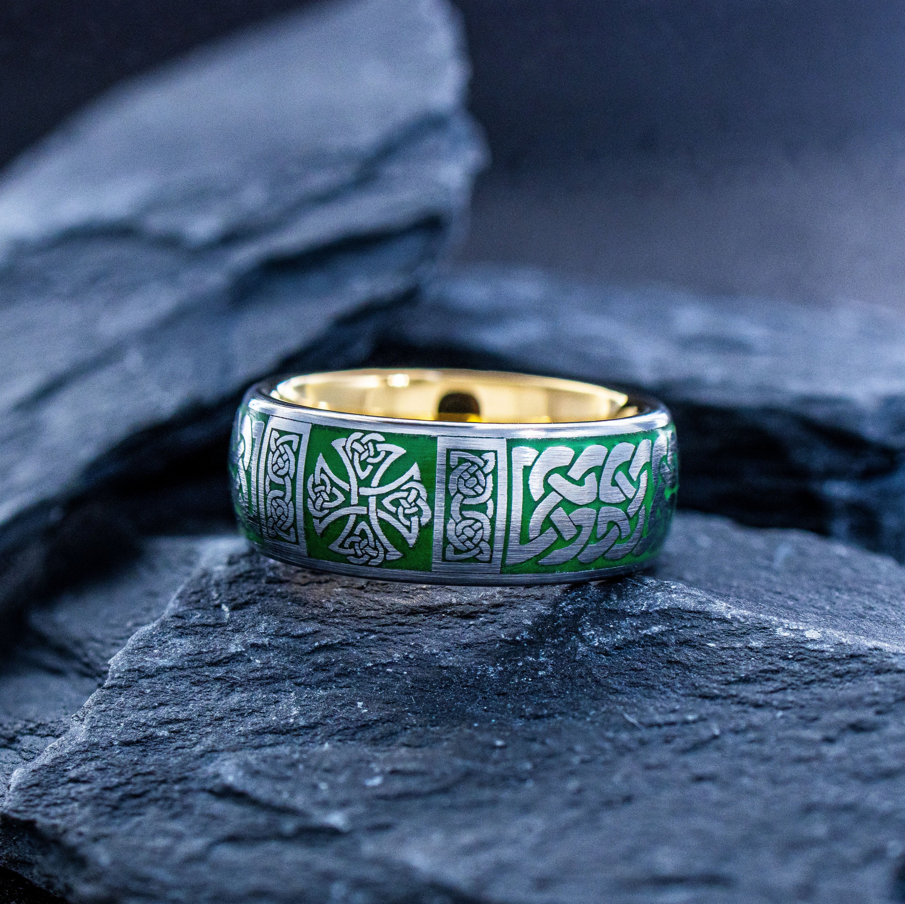 Green Enamel Celtic Cross and Knot Tungsten Ring, 8mm Rose Gold Plated Band