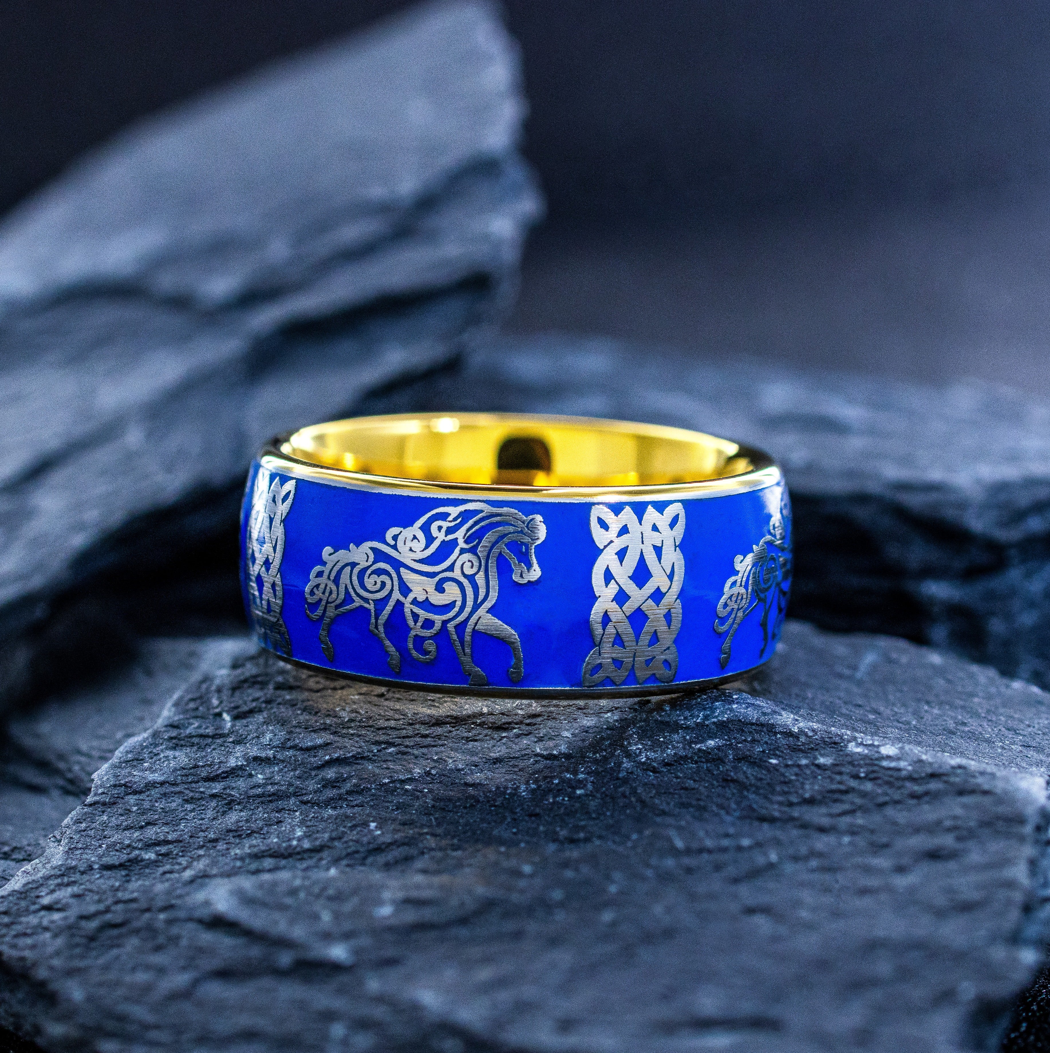 Galloping Horse and Celtic Knot with Blue Enamel Tungsten Carbide Ring, 9mm Yellow Gold Plated Band