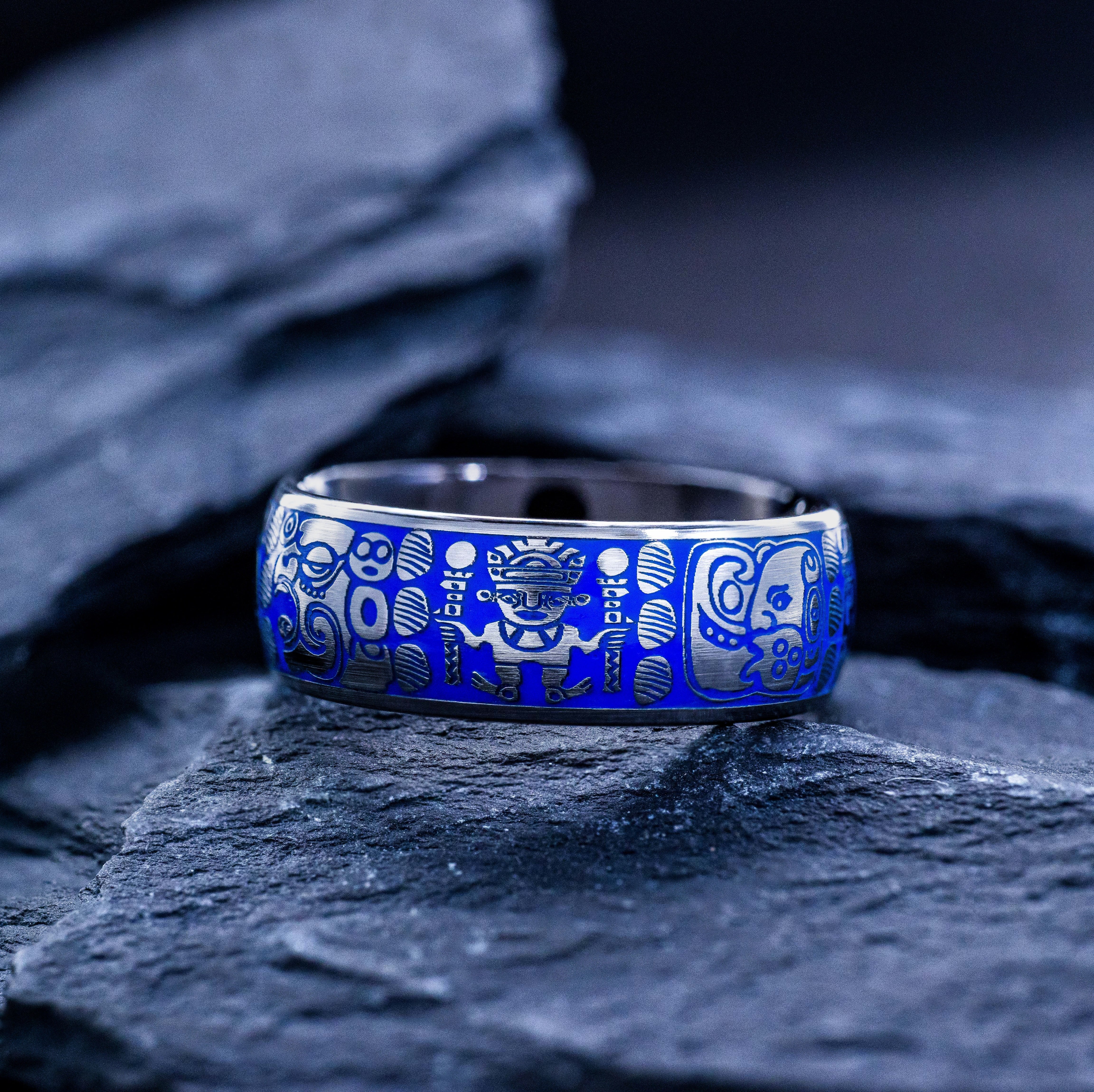 Blue Enamel Mayan Ring, 8mm Tungsten Carbide Ring