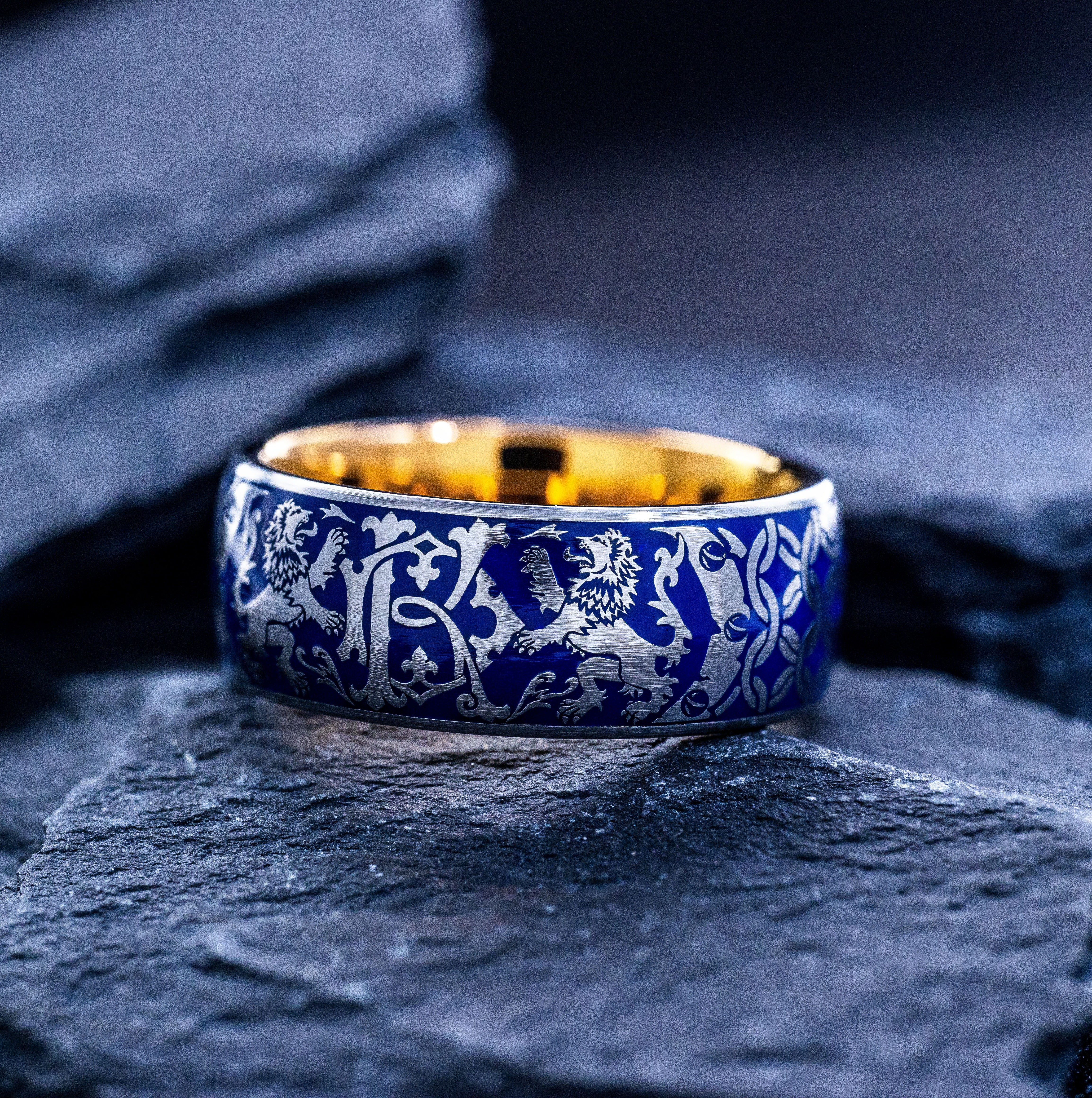 Personalized Monogram and Blue Enamel Ring, 9mm Rose Gold Plated Tungsten Carbide Band with Medieval Heraldic Lions