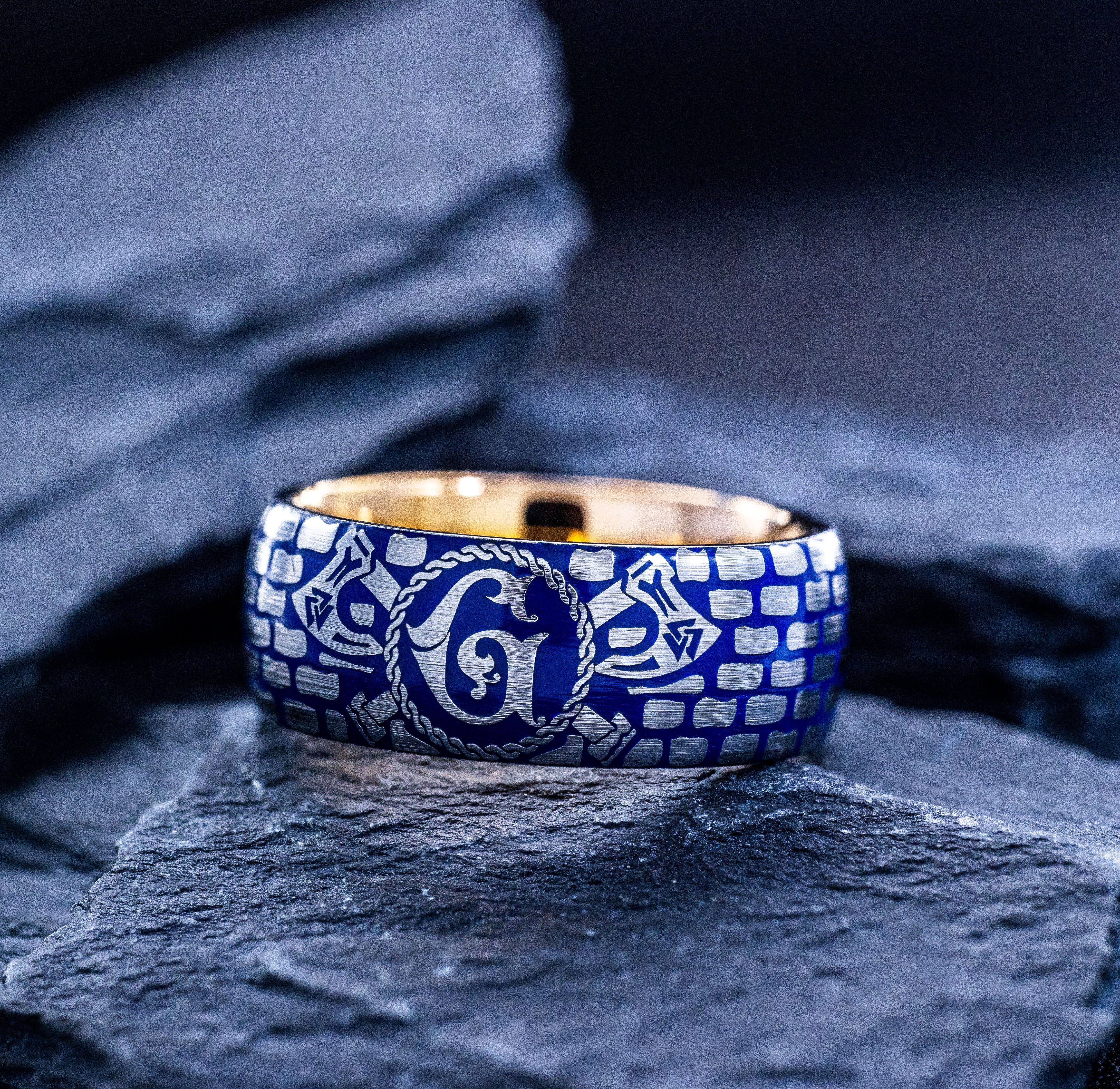Viking Norse Battle Ring with Personalized Initial and Blue Enamel Ring, 9mm Rose Gold Plated Tungsten Carbide Band