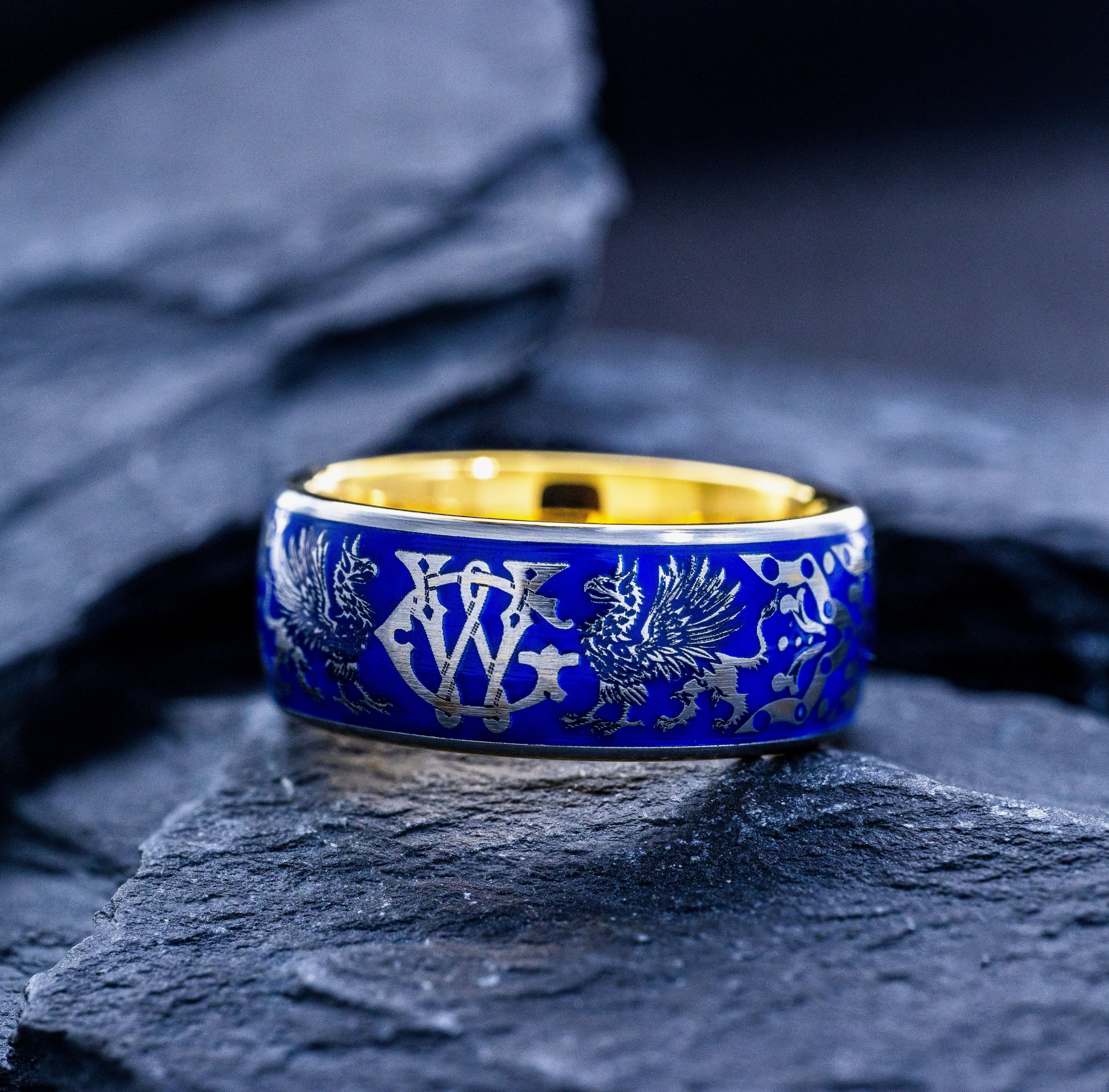 Personalized Monogram with Medieval Griffins and Blue Enamel Ring, 9mm Gold Plated Tungsten Carbide Band