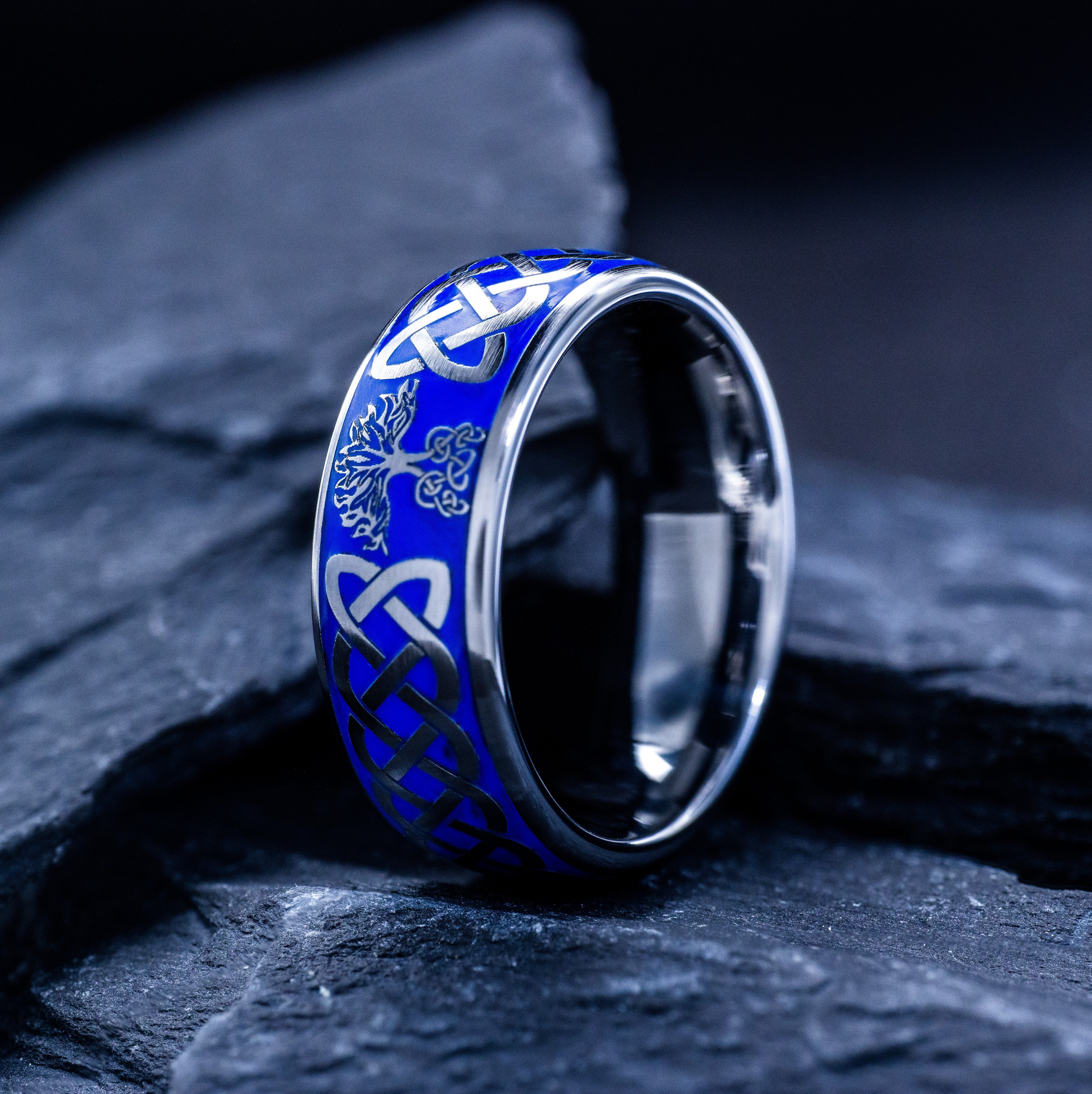 Blue Enamel Tree of Life Ring, 8mm Tungsten Band with Celtic Knot