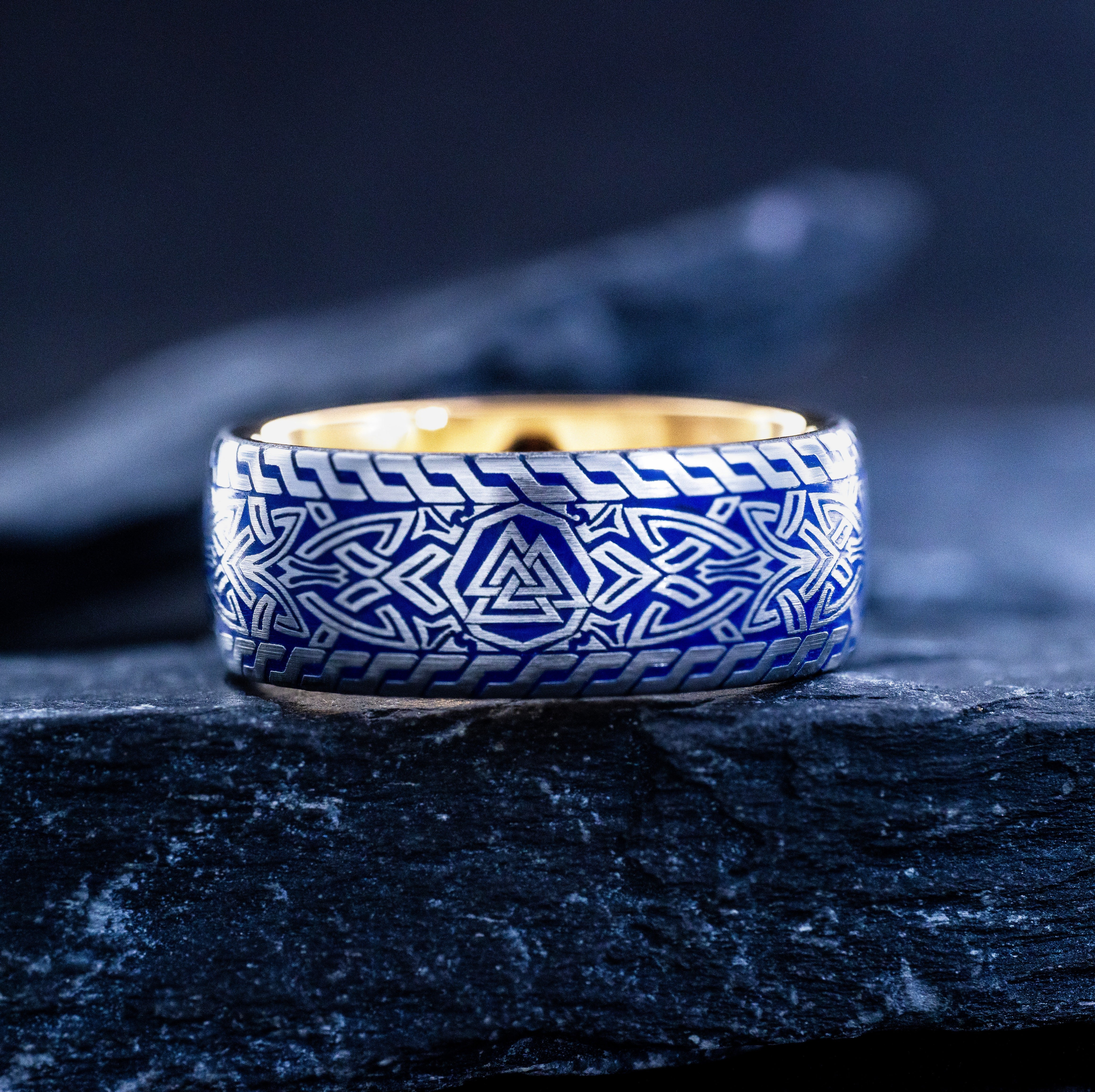 Viking Valknut Rune with Blue Enamel Ring, 9mm Rose Gold Plated Tungsten Carbide Band